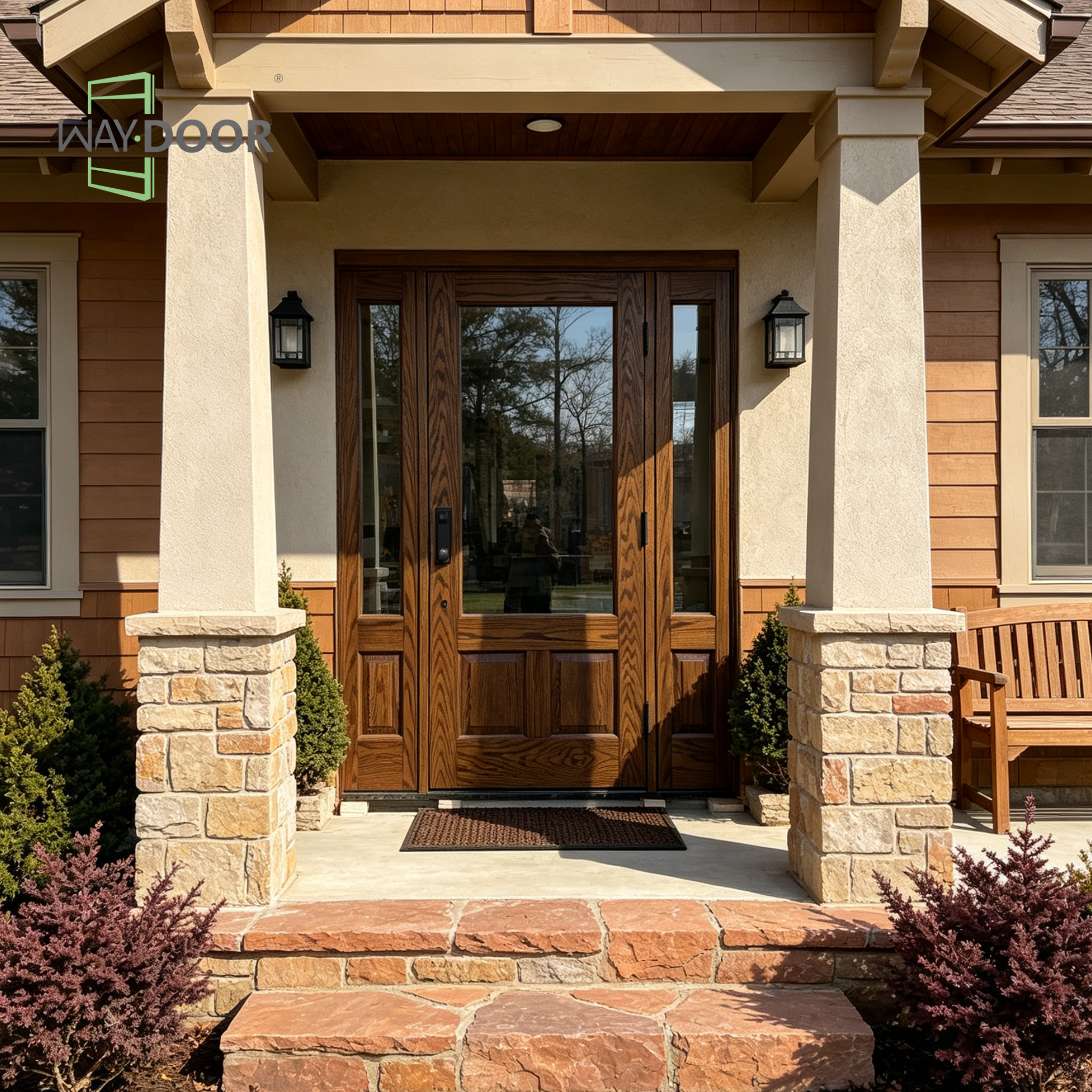 Craftsman Style Solid Wood Hinged Entry Door with 2 Sidelites