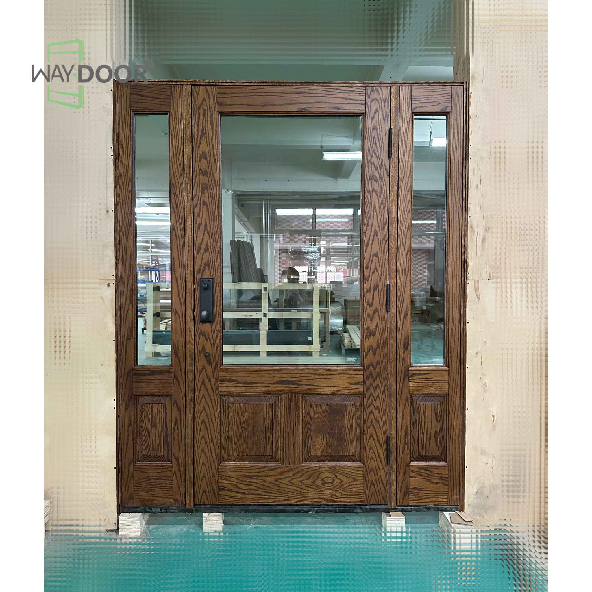 Craftsman Style Solid Wood Hinged Entry Door with 2 Sidelites