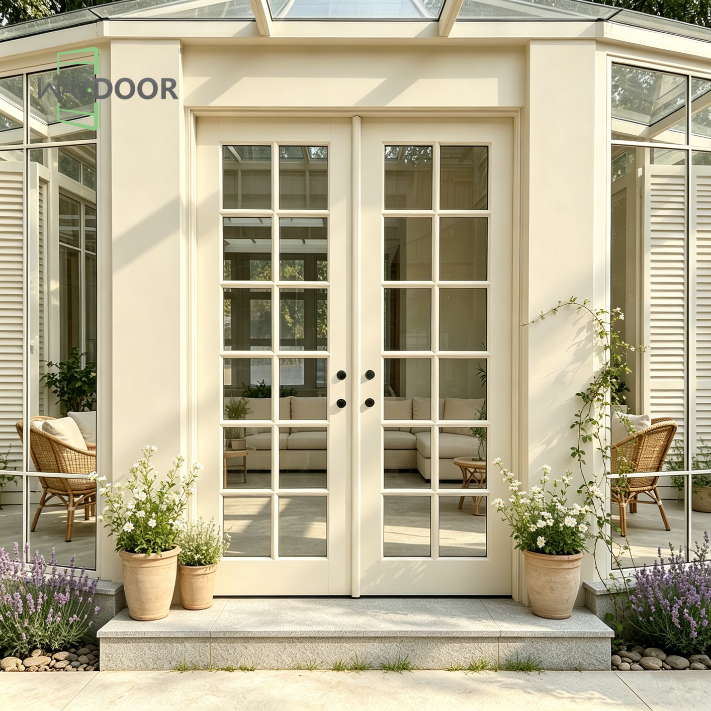Cream Double French Door with Divided Lite Glass