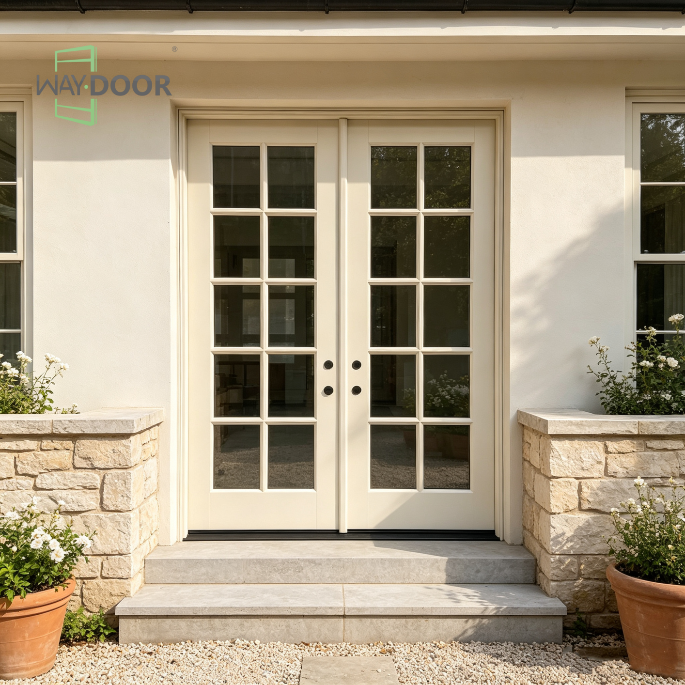 Cream Double French Door with Divided Lite Glass