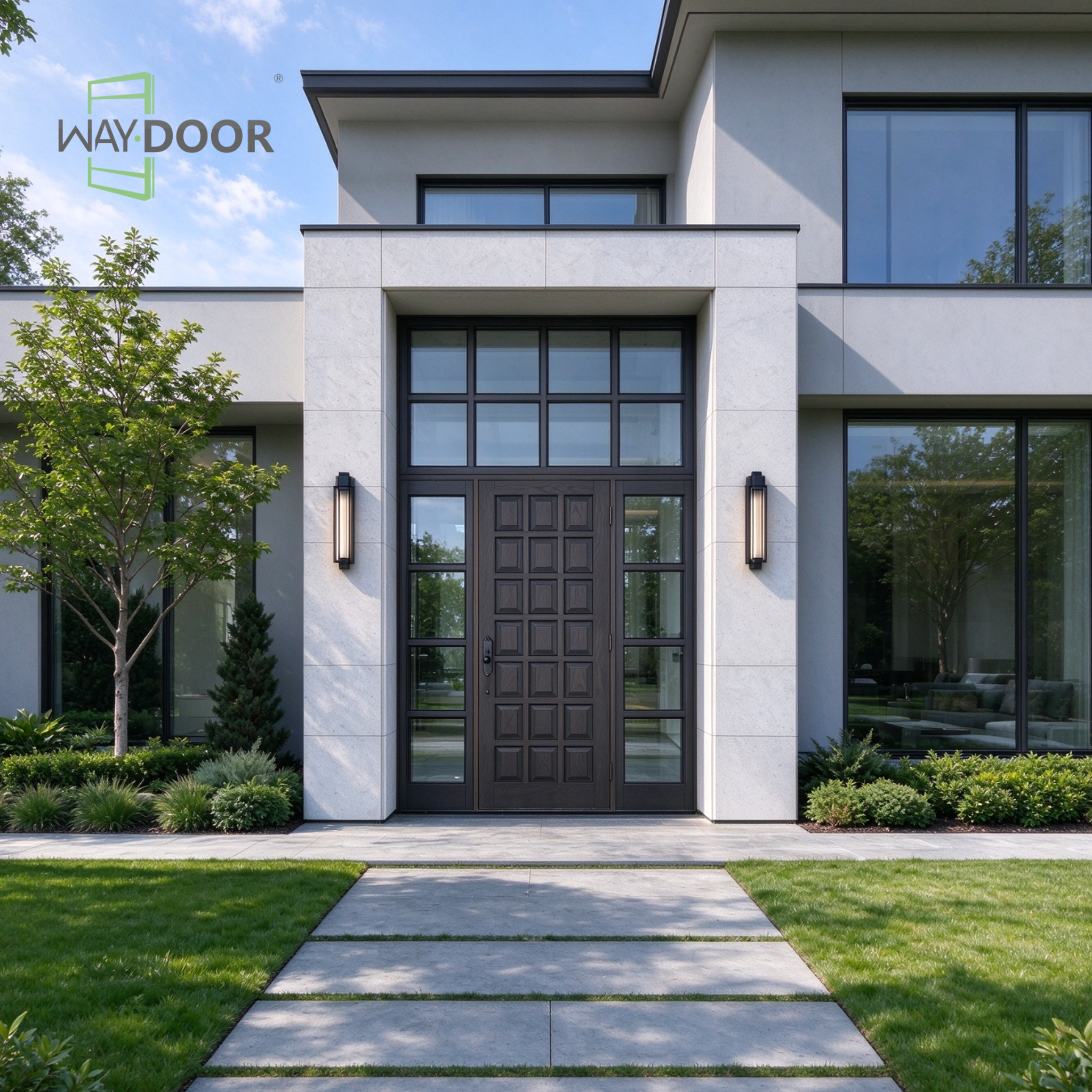 Dark Stain Modern Farmhouse Solid Wood Entry Door with Sidelites & Transom