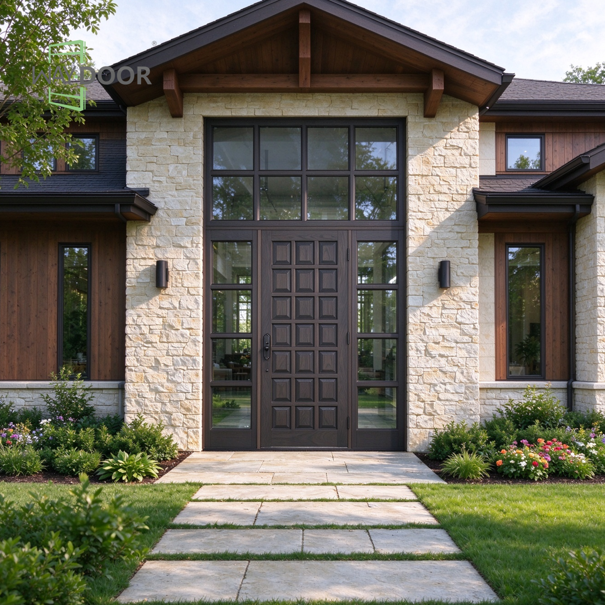 Dark Stain Modern Farmhouse Solid Wood Entry Door with Sidelites & Transom