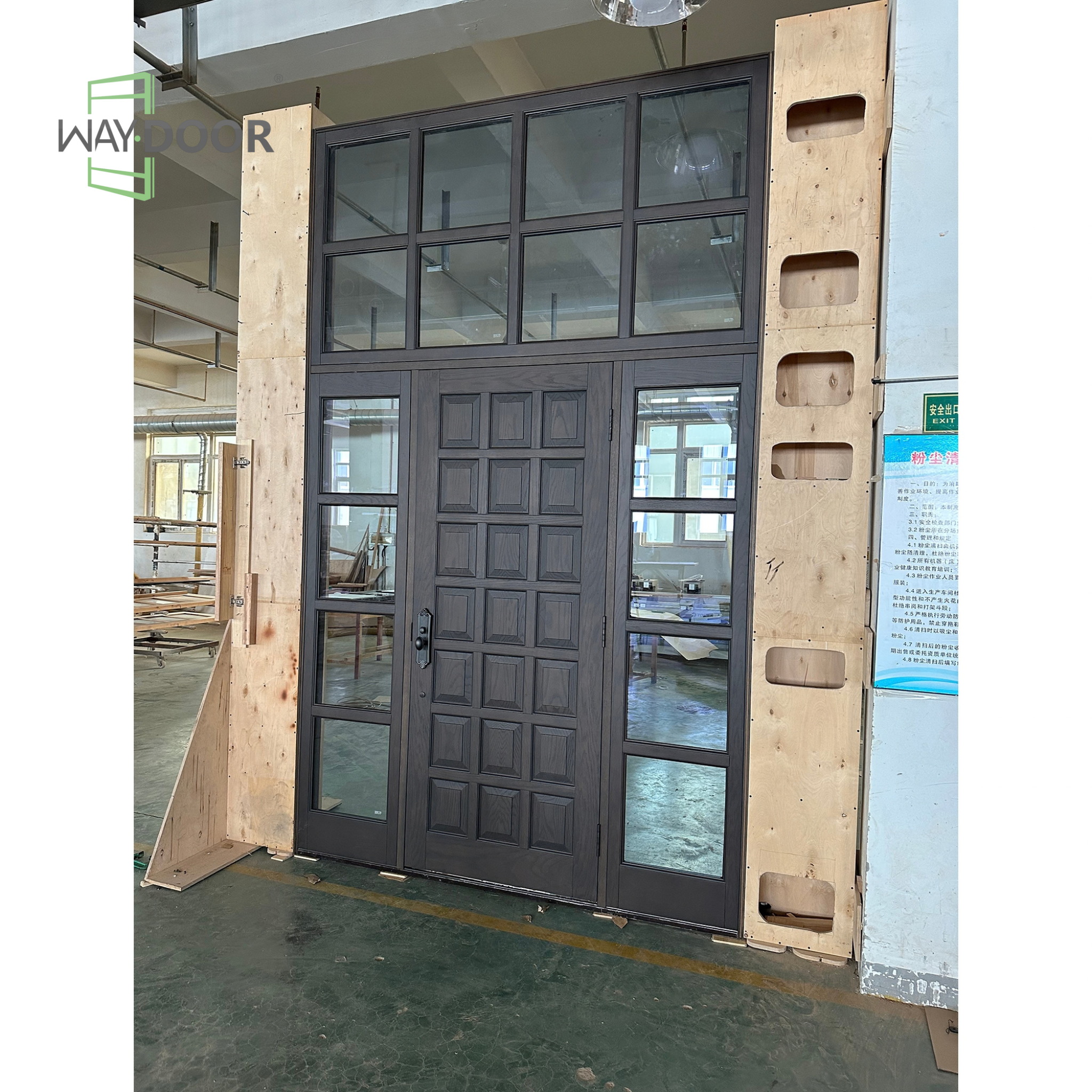 Dark Stain Modern Farmhouse Solid Wood Entry Door with Sidelites & Transom