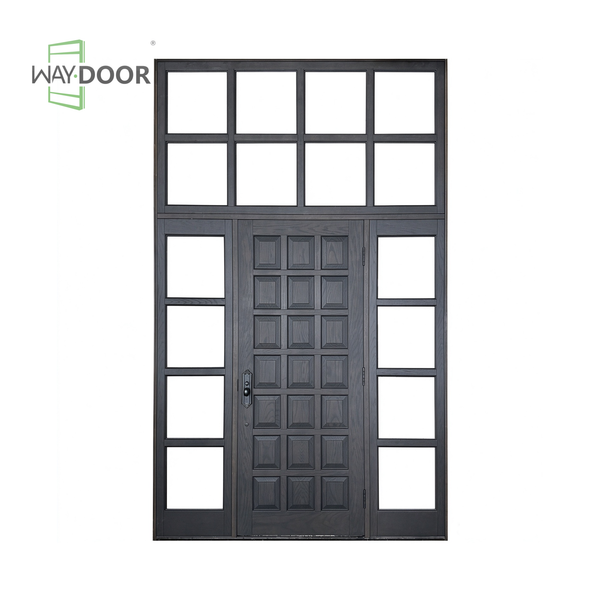 Dark Stain Modern Farmhouse Solid Wood Entry Door with Sidelites & Transom