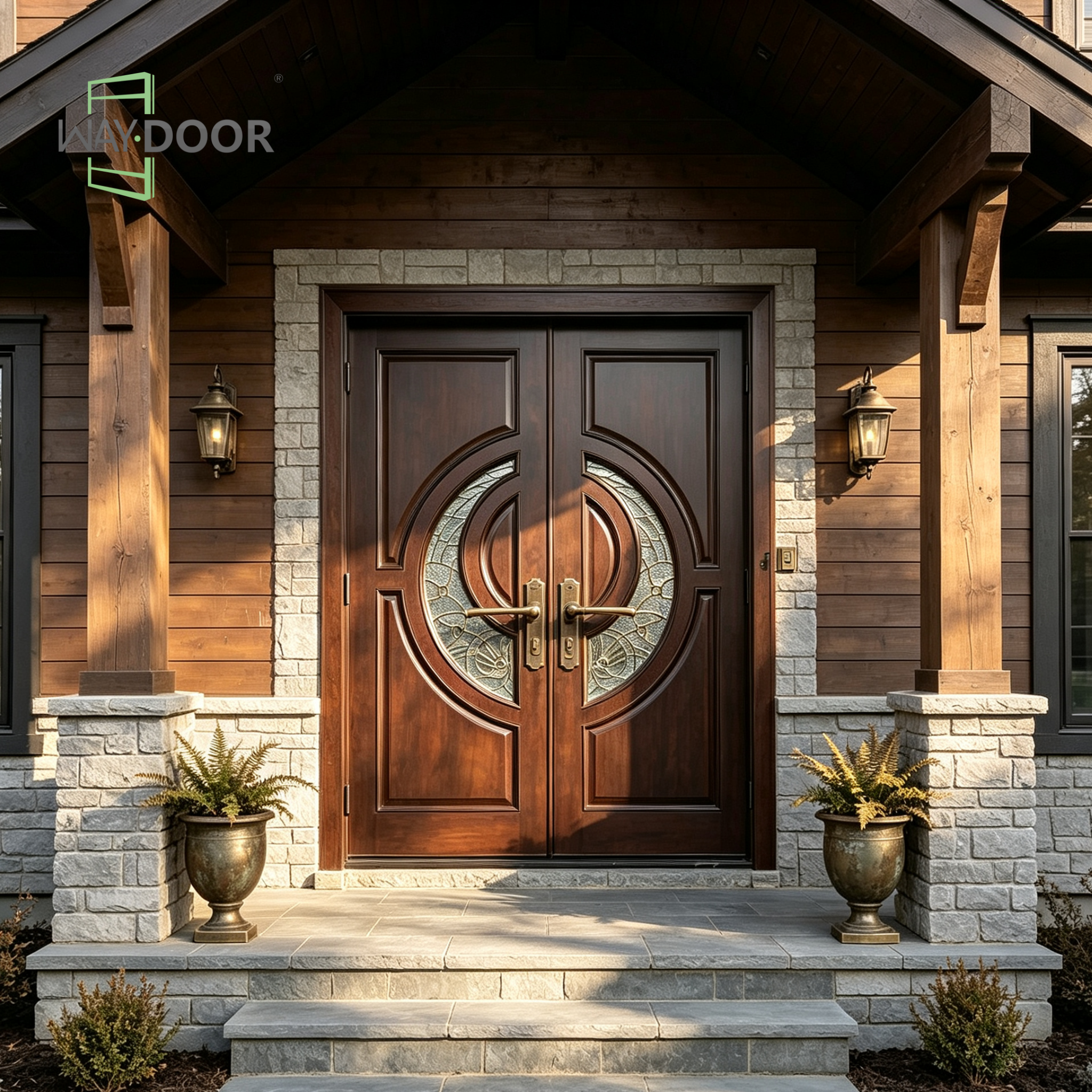 Dark‑Brown Solid Wood Double Hinged Entry Door with Patterned Glass