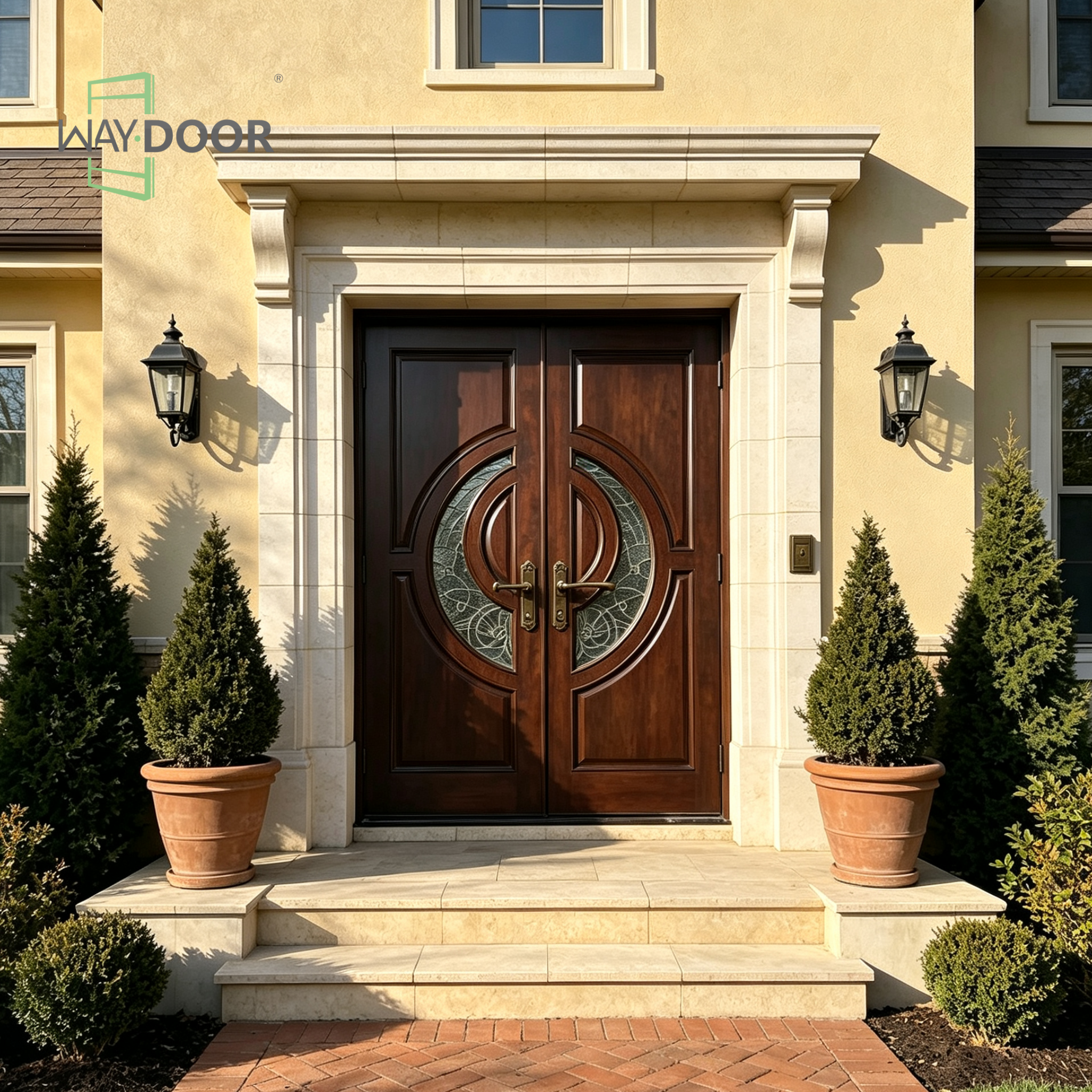 Dark‑Brown Solid Wood Double Hinged Entry Door with Patterned Glass