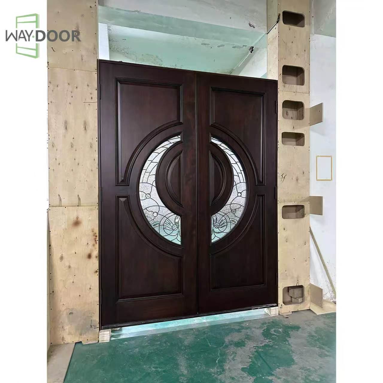 Dark‑Brown Solid Wood Double Hinged Entry Door with Patterned Glass