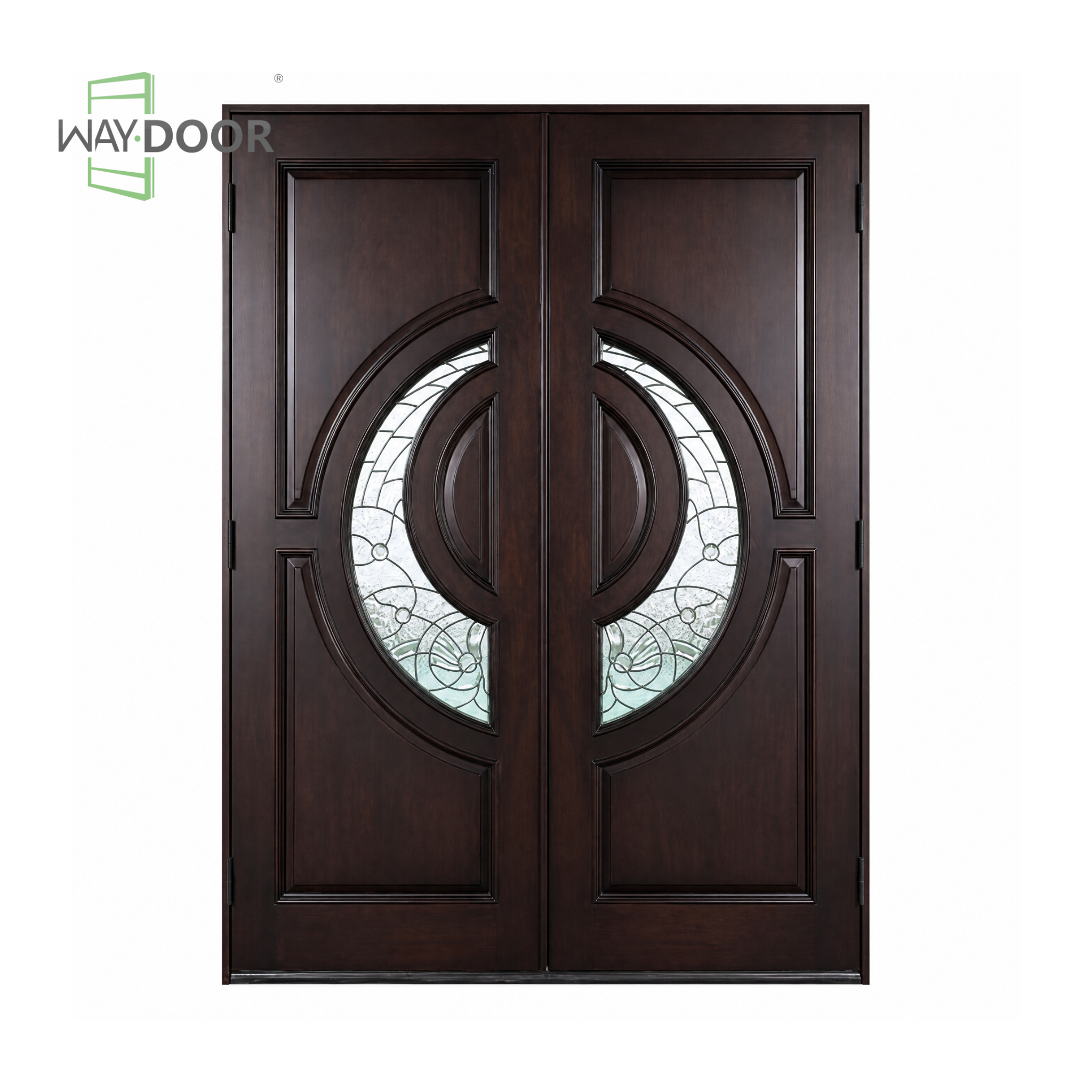 Dark‑Brown Solid Wood Double Hinged Entry Door with Patterned Glass