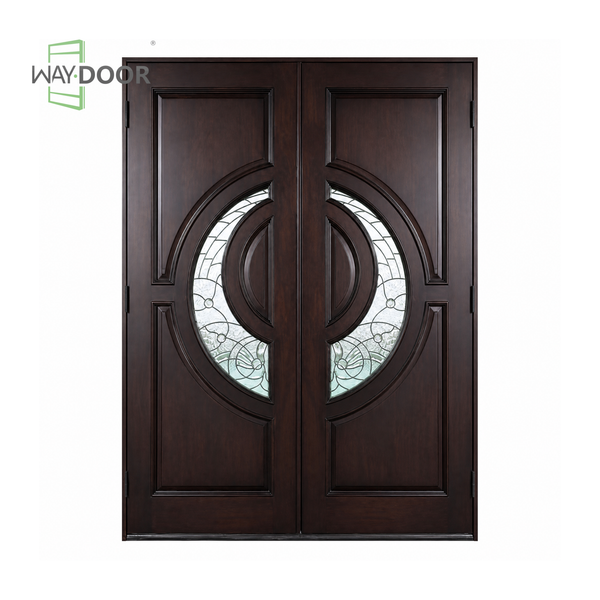 Dark‑Brown Solid Wood Double Hinged Entry Door with Patterned Glass