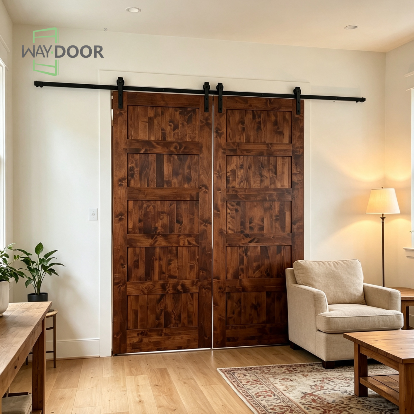 Double 5-Panel Solid Wood Sliding Barn Door