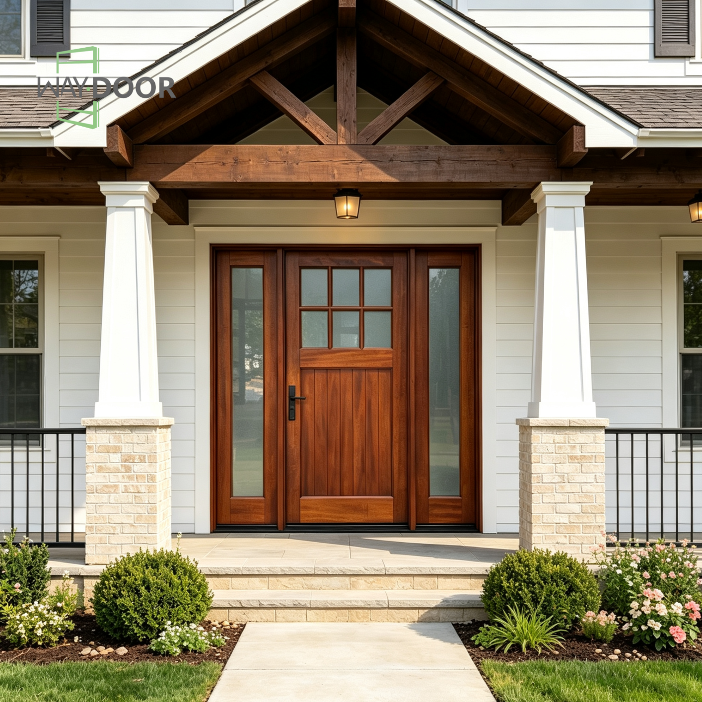 Farmhouse 6-Lite Solid Wood Entry Door with Dual Sidelites