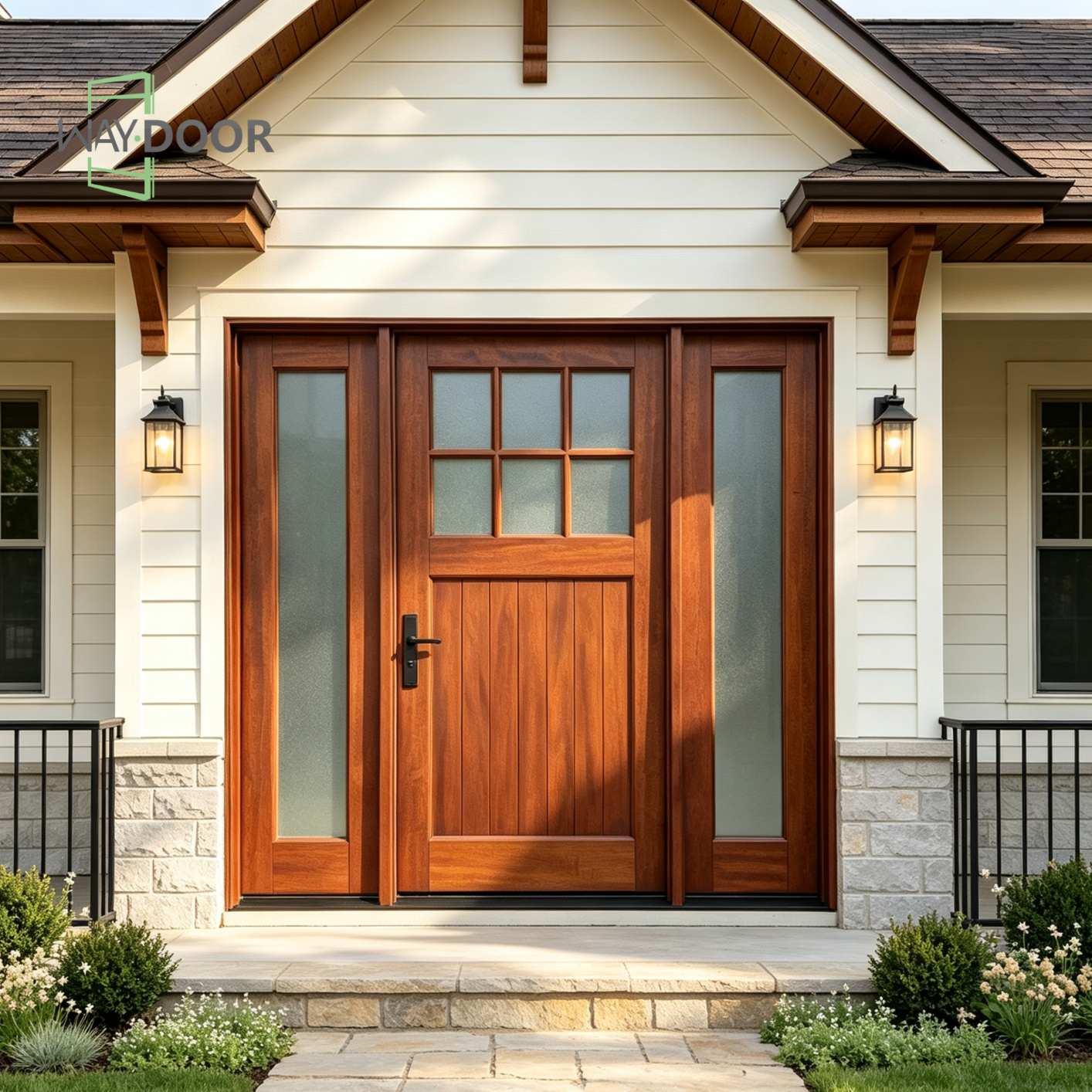 Farmhouse 6-Lite Solid Wood Entry Door with Dual Sidelites