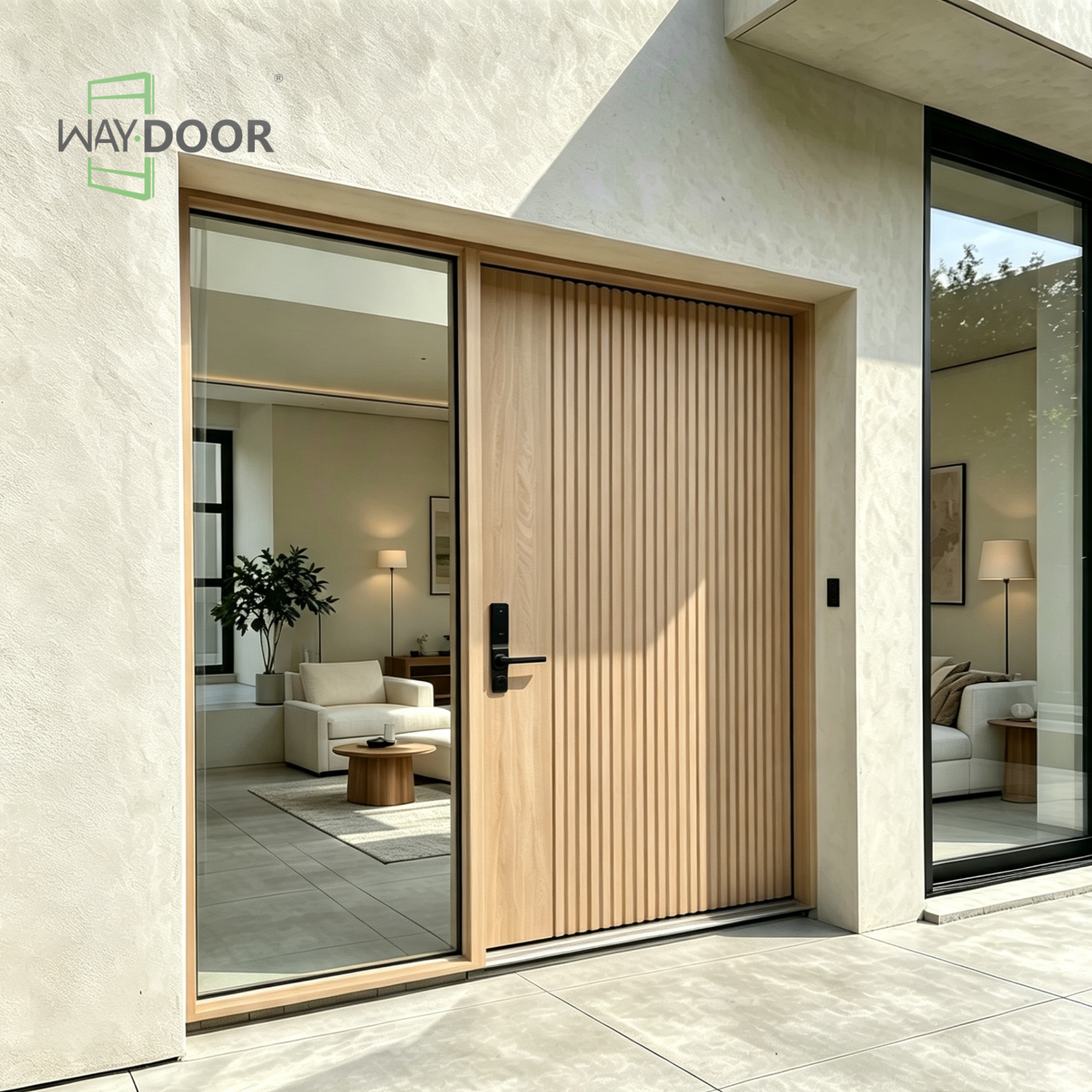 Fluted Solid Wood Pivot Entry Door with Glass Sidelite