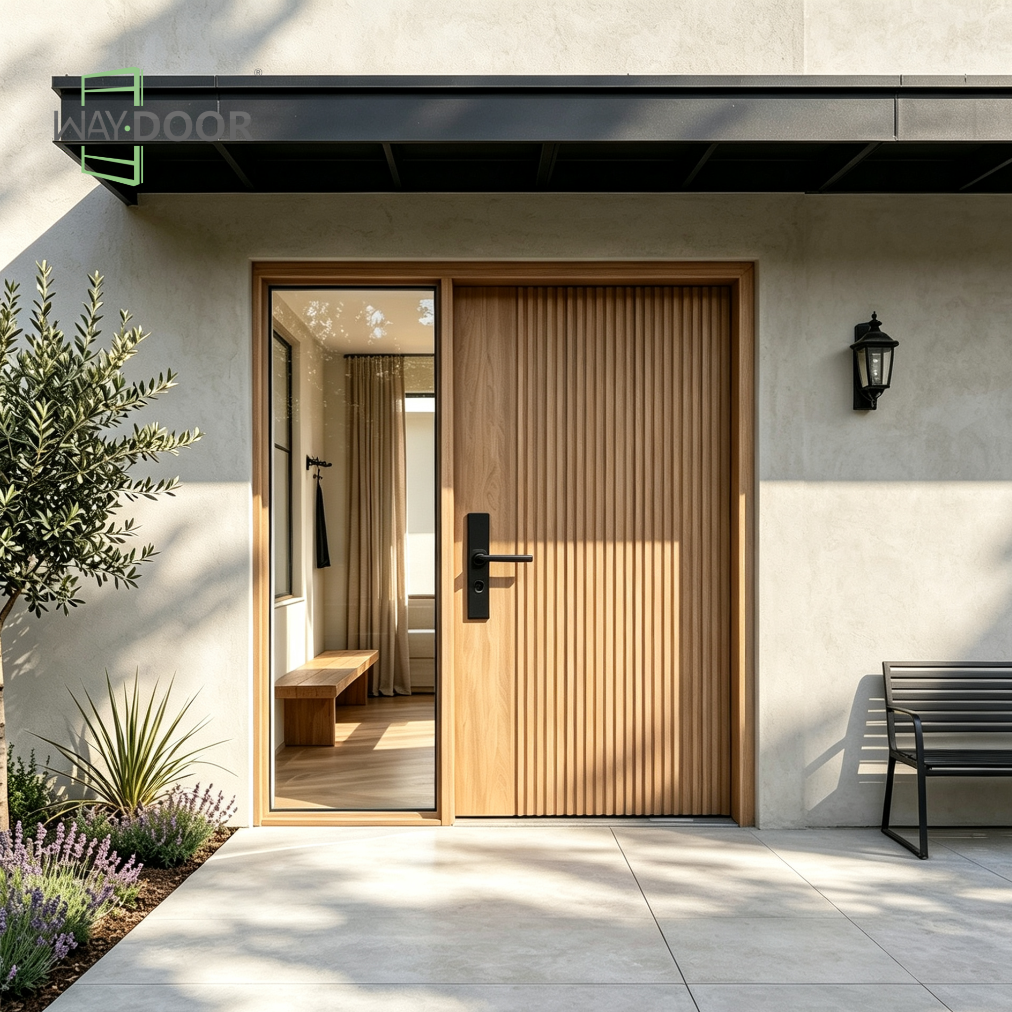 Fluted Solid Wood Pivot Entry Door with Glass Sidelite