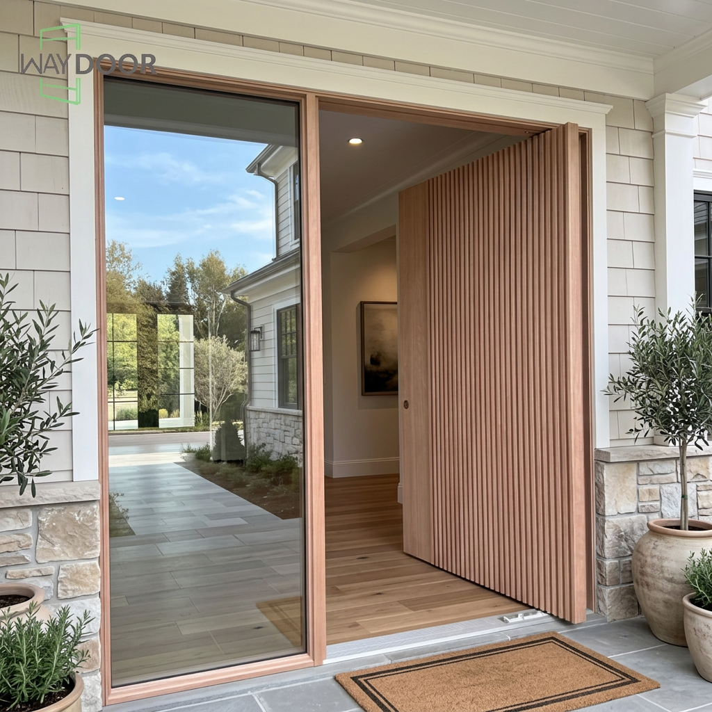 Fluted Solid Wood Pivot Entry Door with Glass Sidelite