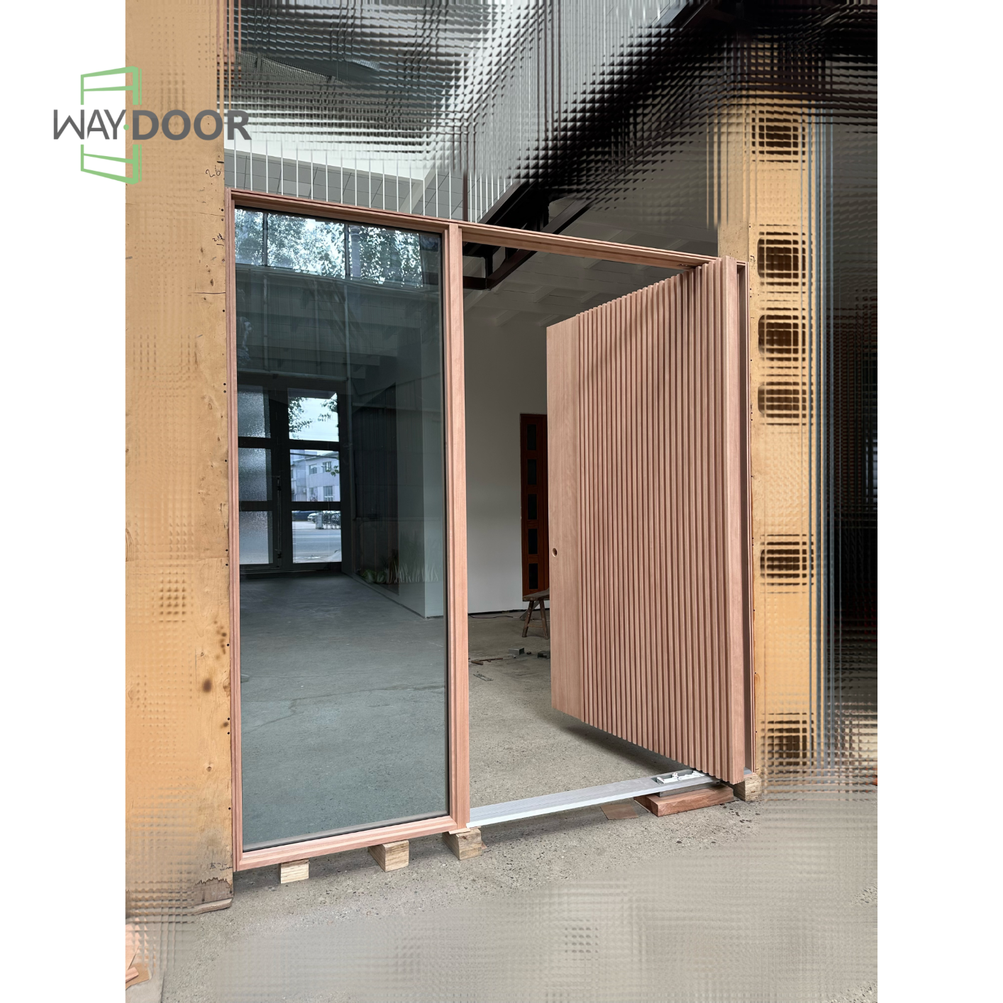 Fluted Solid Wood Pivot Entry Door with Glass Sidelite