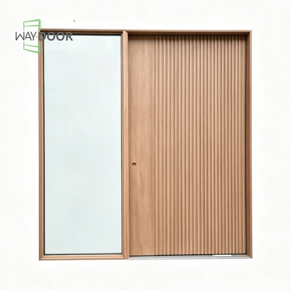 Fluted Solid Wood Pivot Entry Door with Glass Sidelite