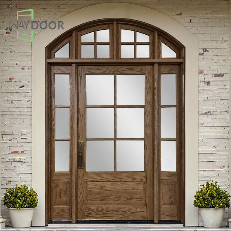 French Style Solid Wood Front Door with Arched Transom & Sidelights
