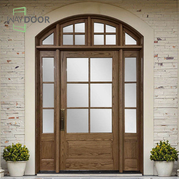 French Style Solid Wood Front Door with Arched Transom & Sidelights