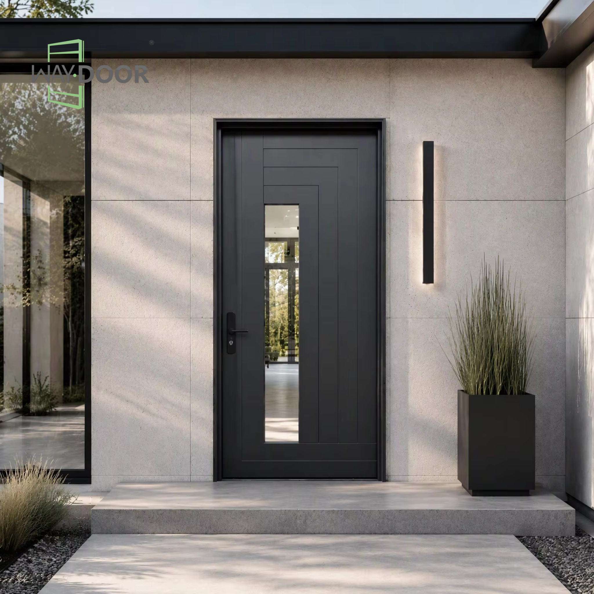 Geometric Solid Wood Hinged Entry Door with Clear Glass