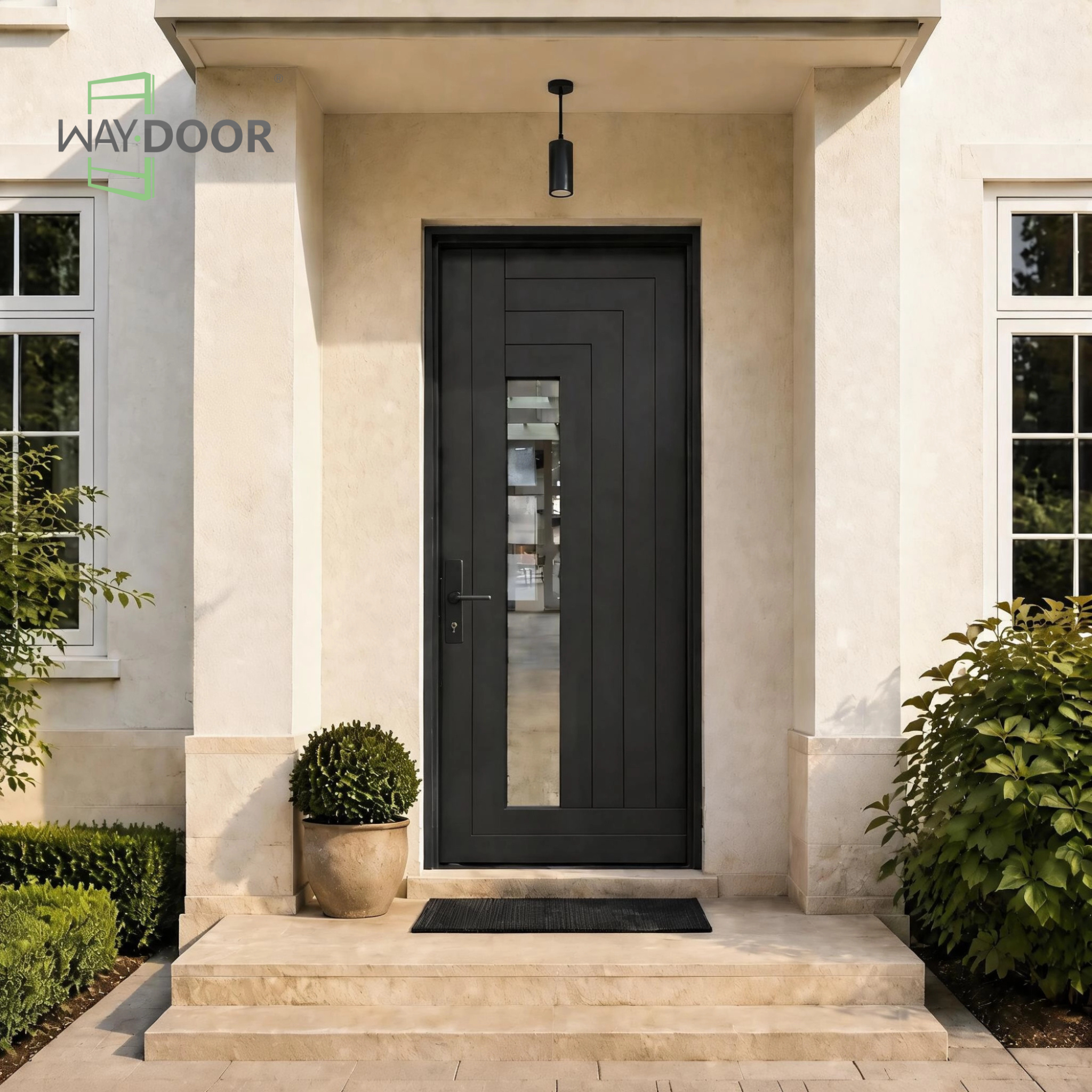 Geometric Solid Wood Hinged Entry Door with Clear Glass