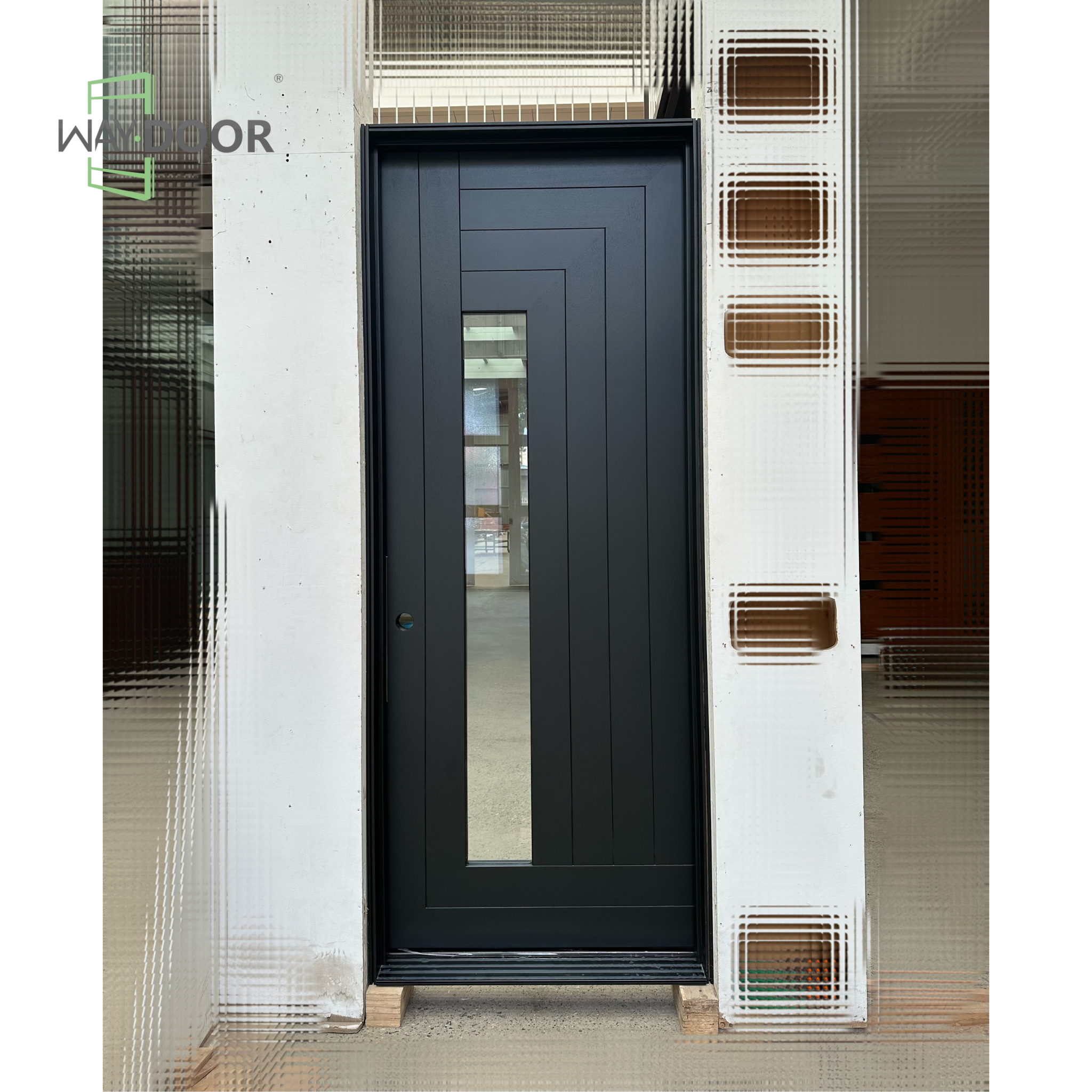 Geometric Solid Wood Hinged Entry Door with Clear Glass