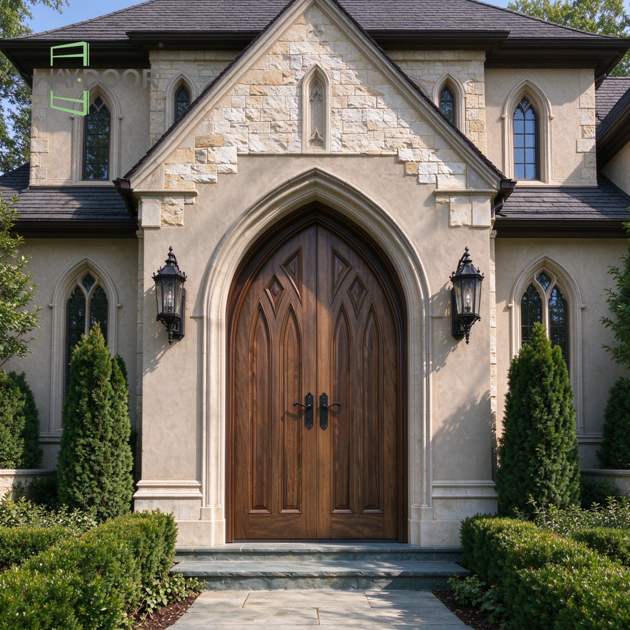 Gothic Arch Walnut Solid Wood Double Hinged Entry Door