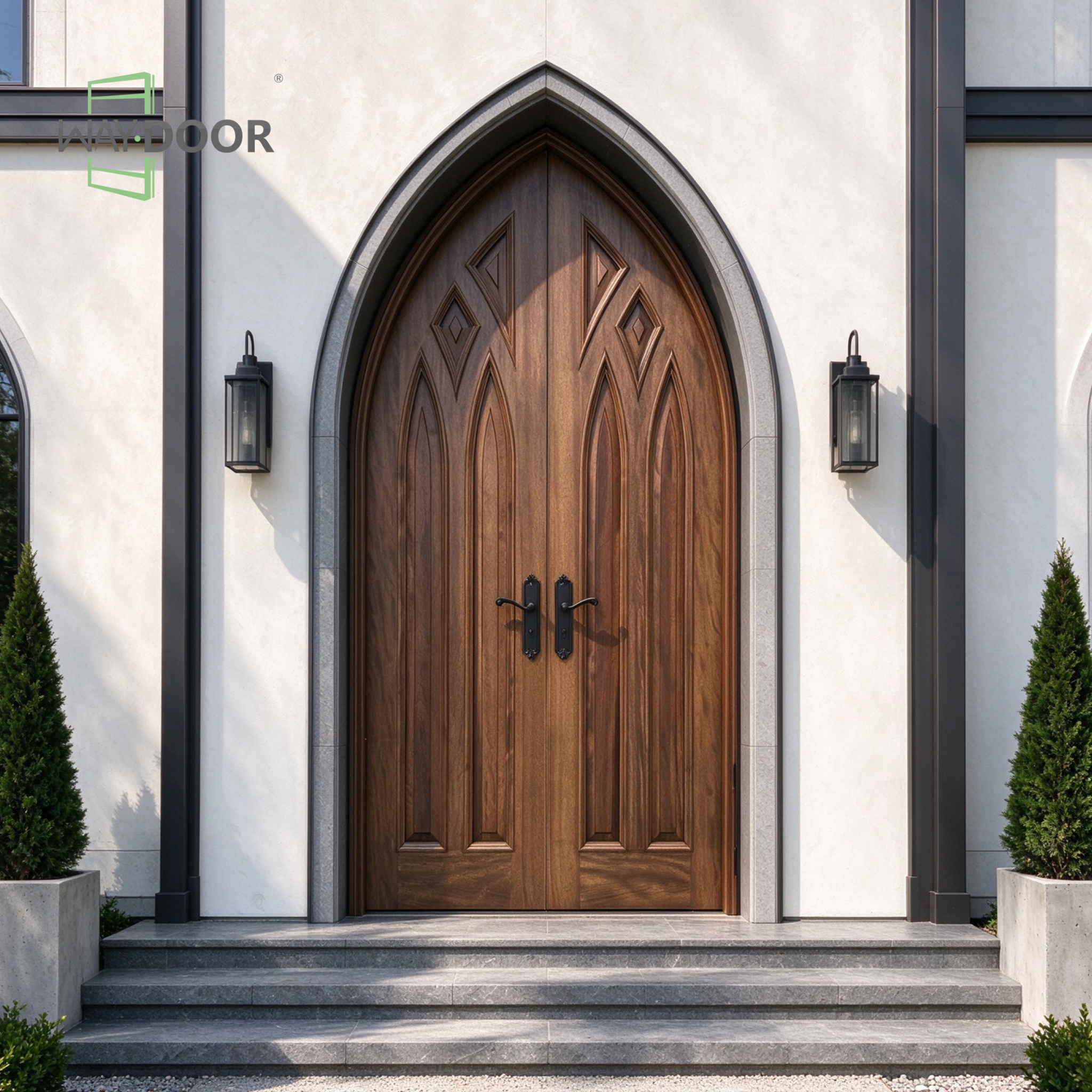 Gothic Arch Walnut Solid Wood Double Hinged Entry Door
