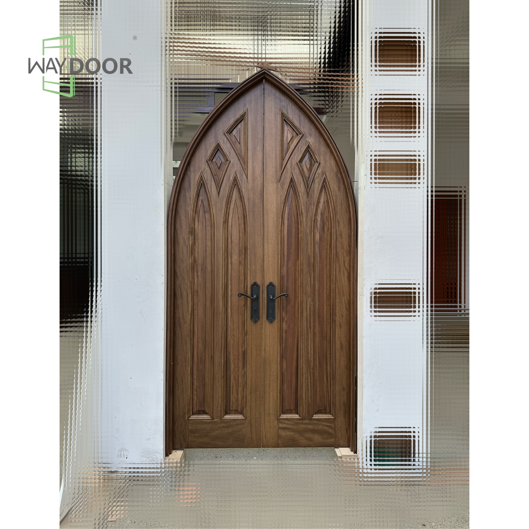 Gothic Arch Walnut Solid Wood Double Hinged Entry Door