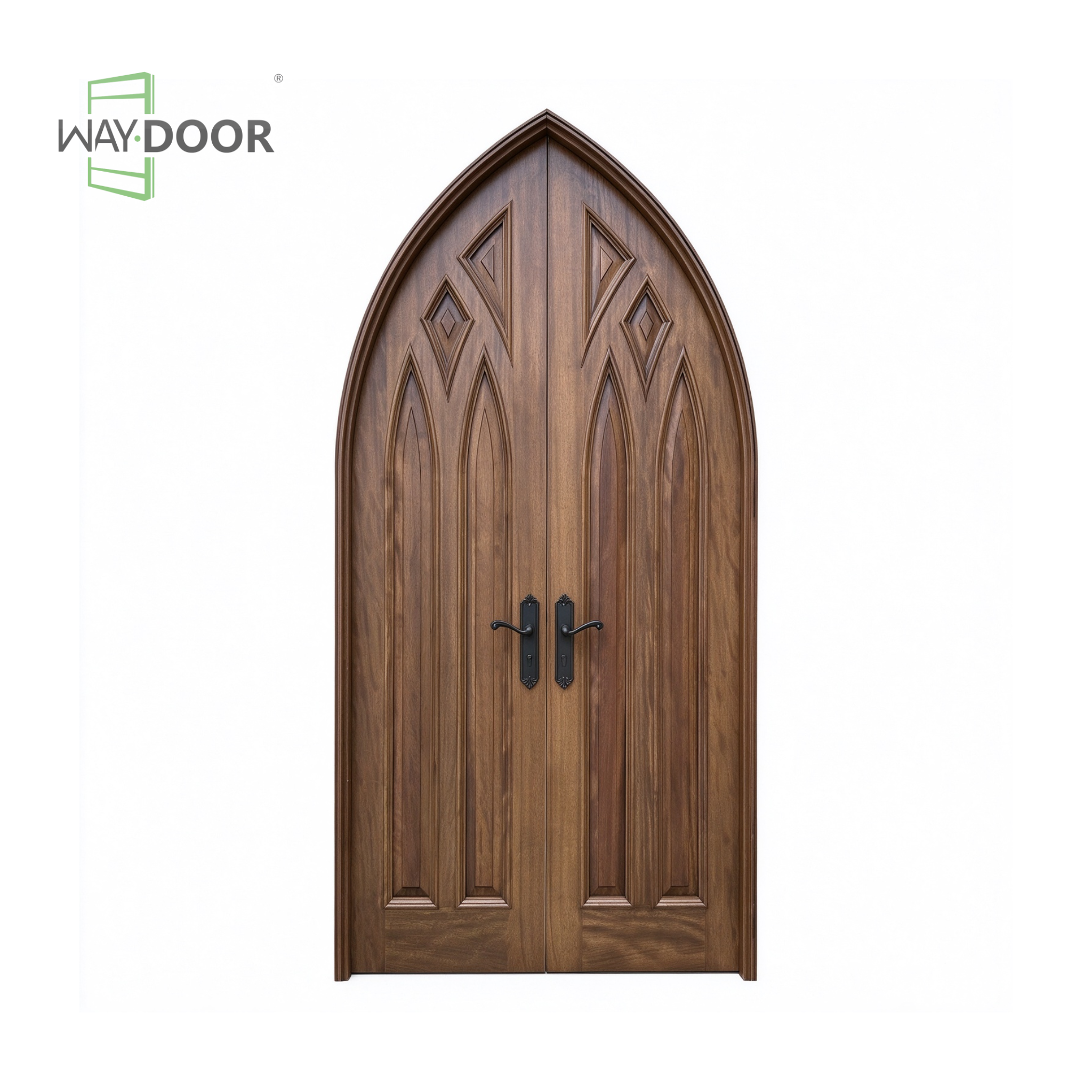 Gothic Arch Walnut Solid Wood Double Hinged Entry Door