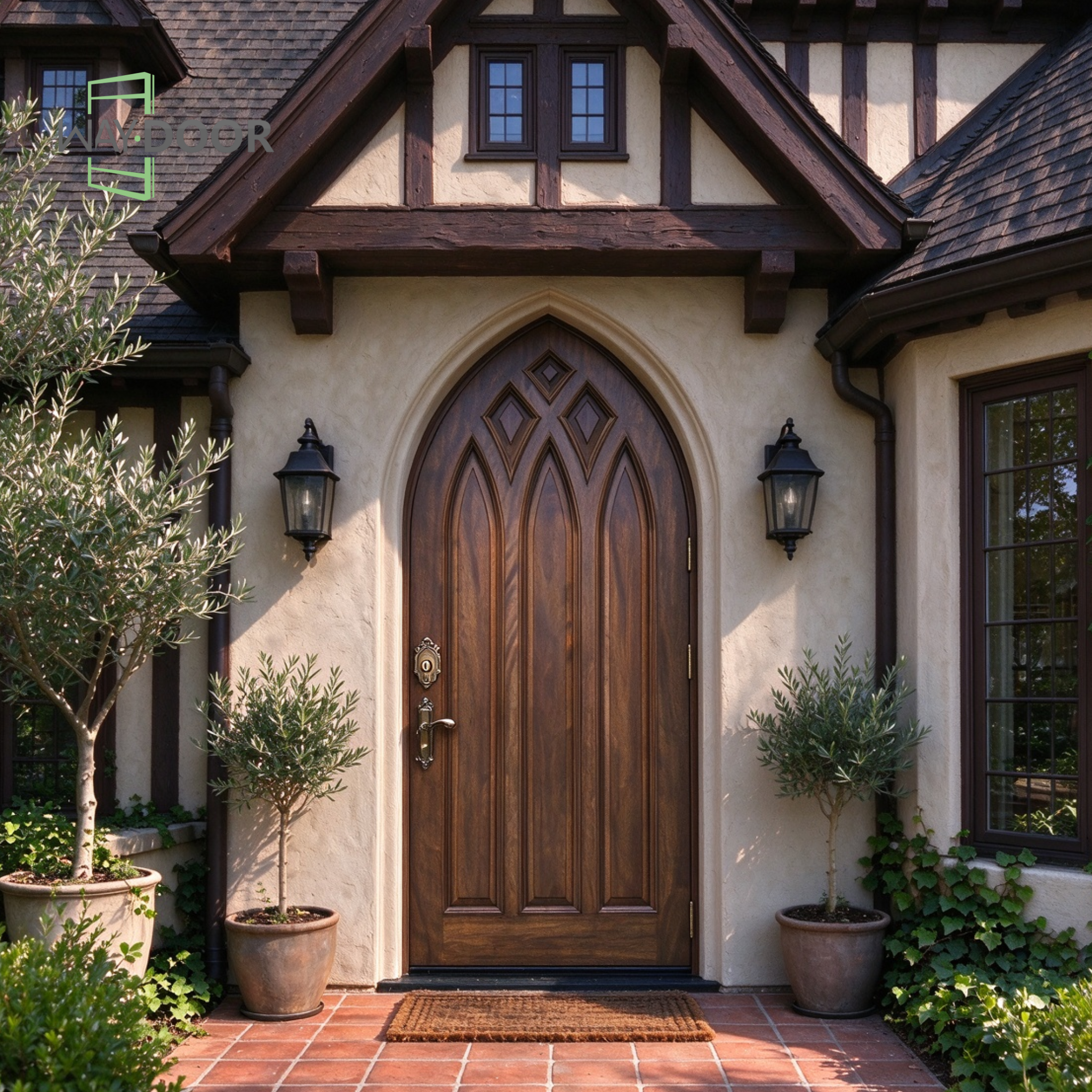 Gothic Arch Walnut Solid Wood Entry Door