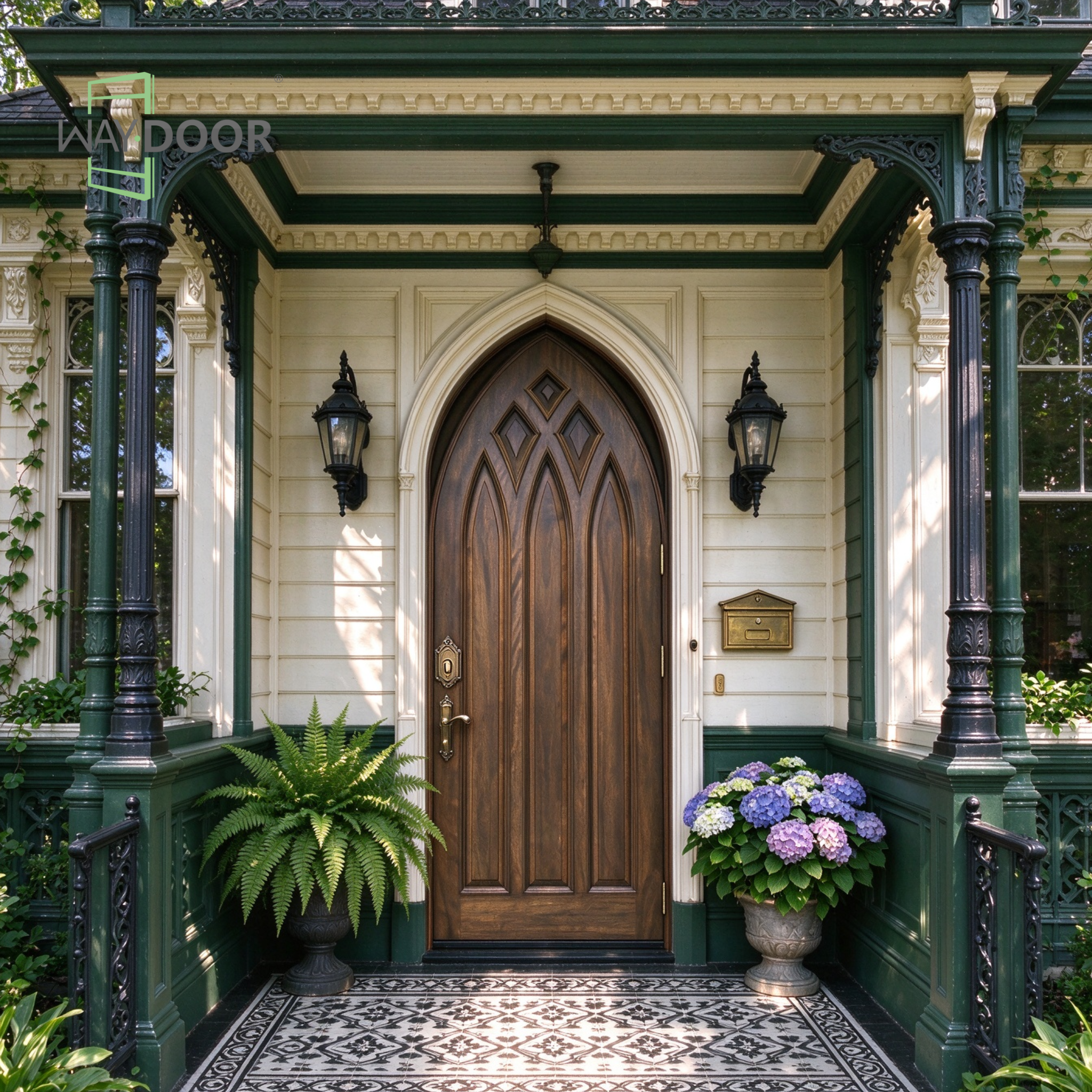 Gothic Arch Walnut Solid Wood Entry Door