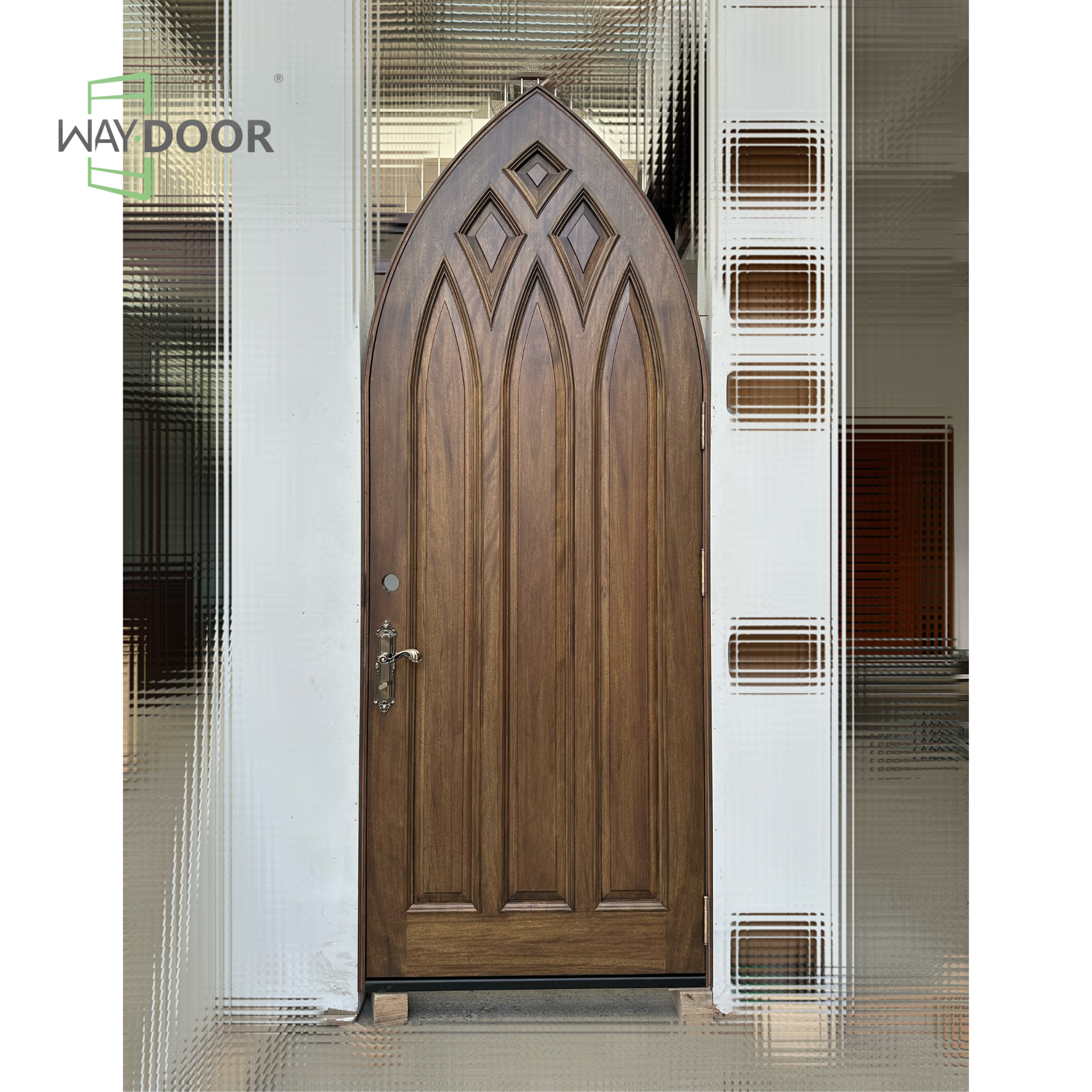 Gothic Arch Walnut Solid Wood Entry Door
