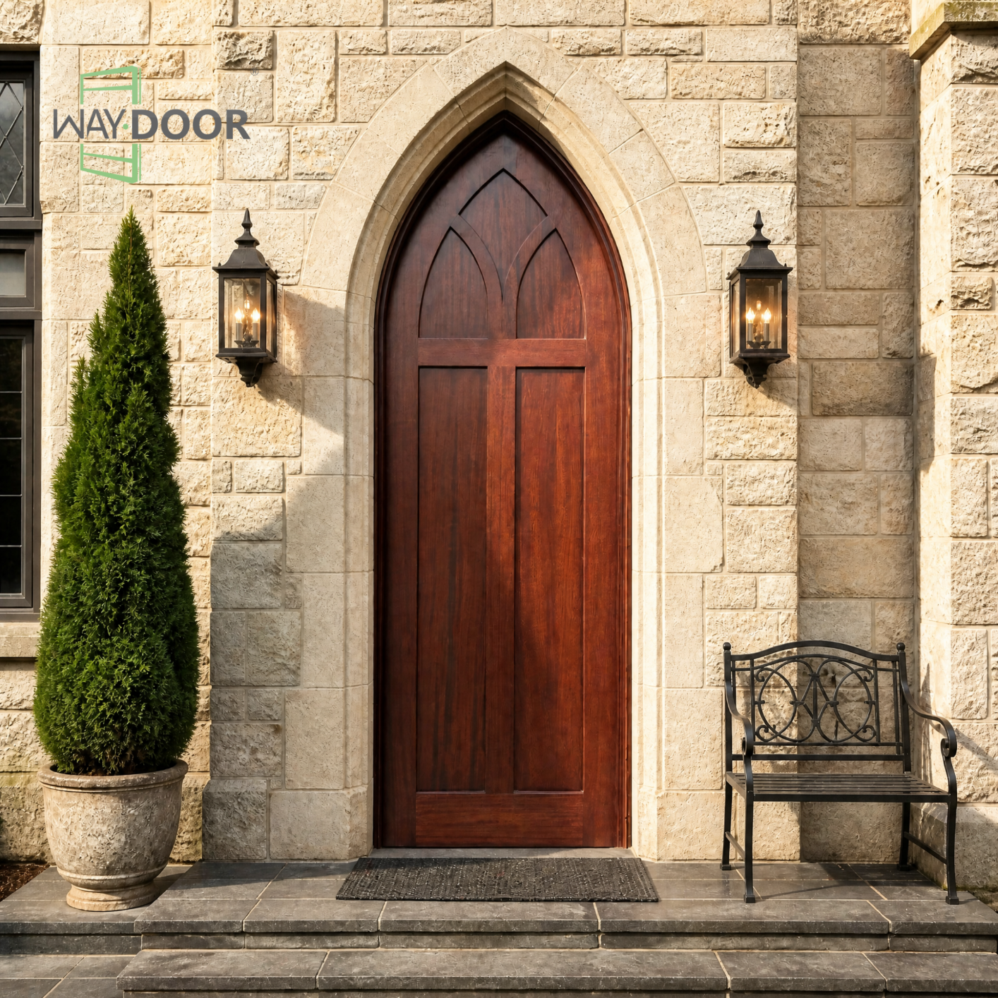 Gothic Pointed Arch Solid Wood Hinged Entry Door