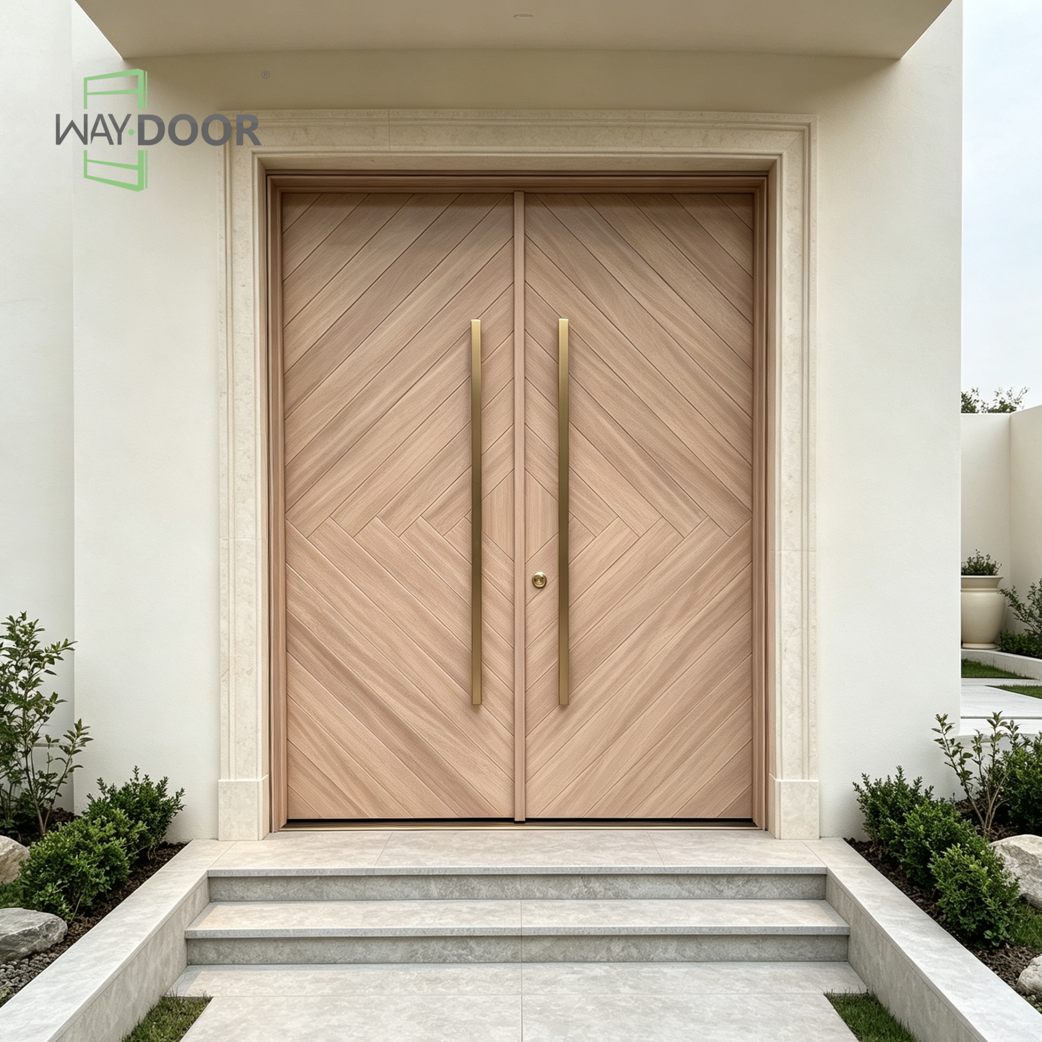 Herringbone Solid Wood Exterior Double Entry Door