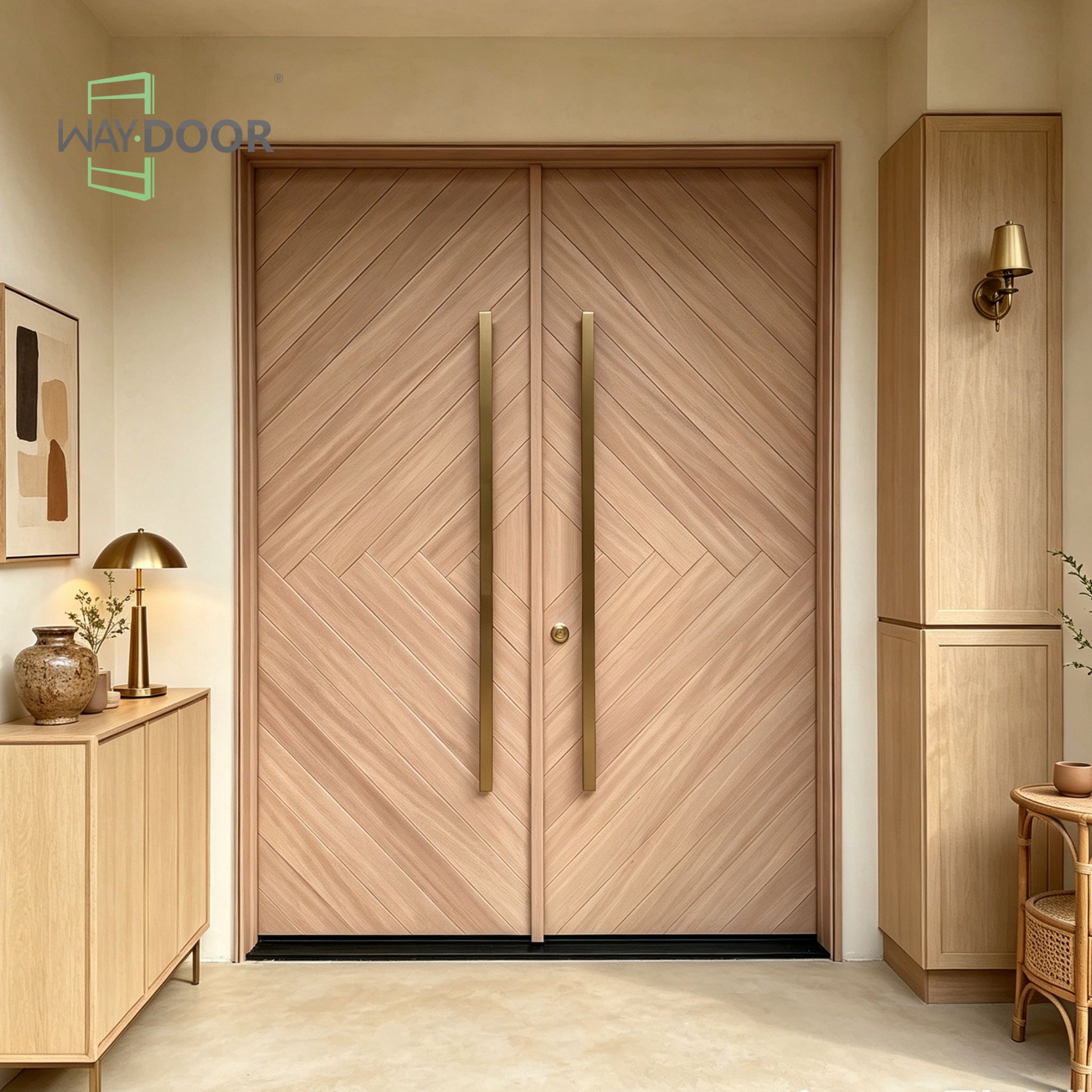 Herringbone Solid Wood Exterior Double Entry Door