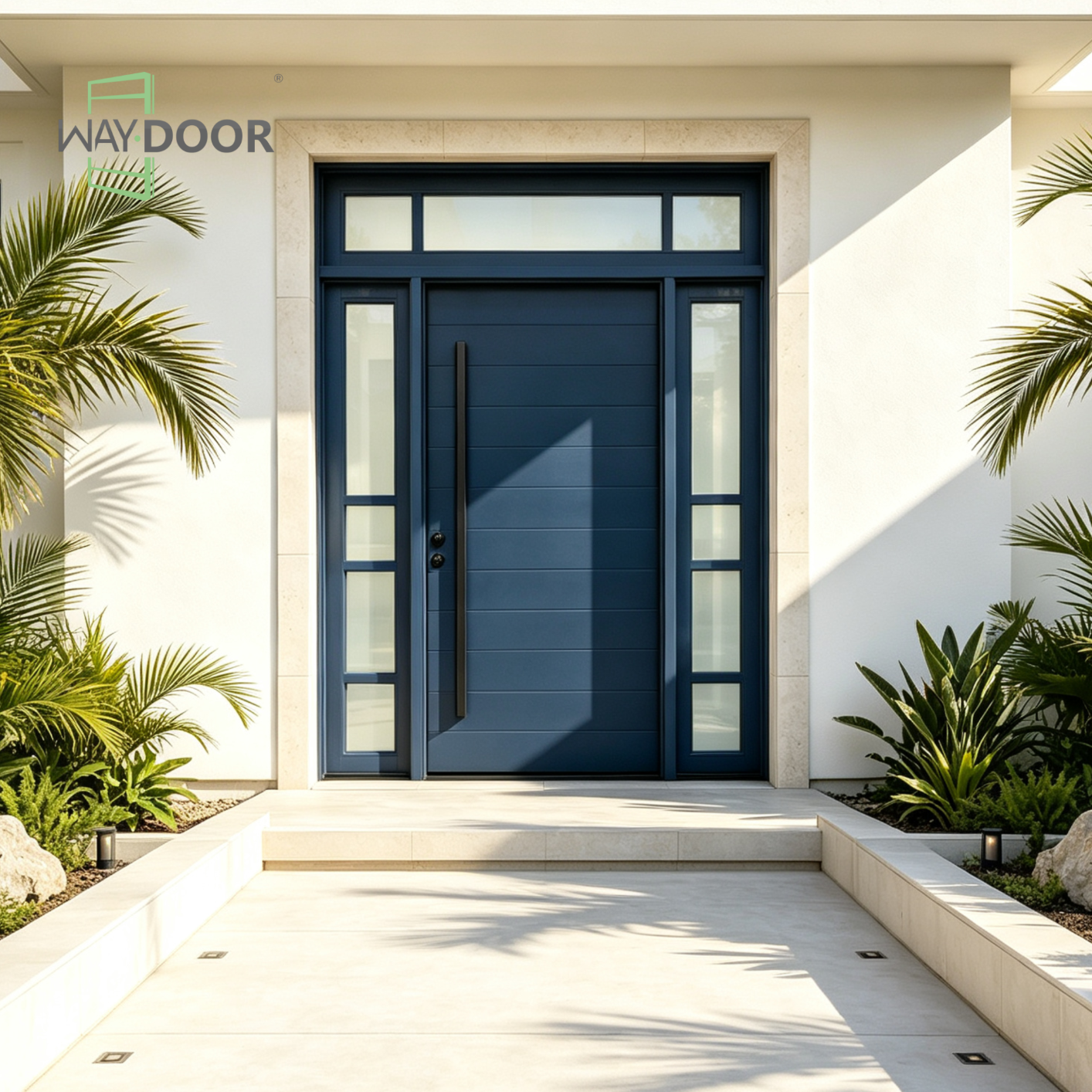 Horizon Navy Solid Wood Entry Door with Sidelights & Transom