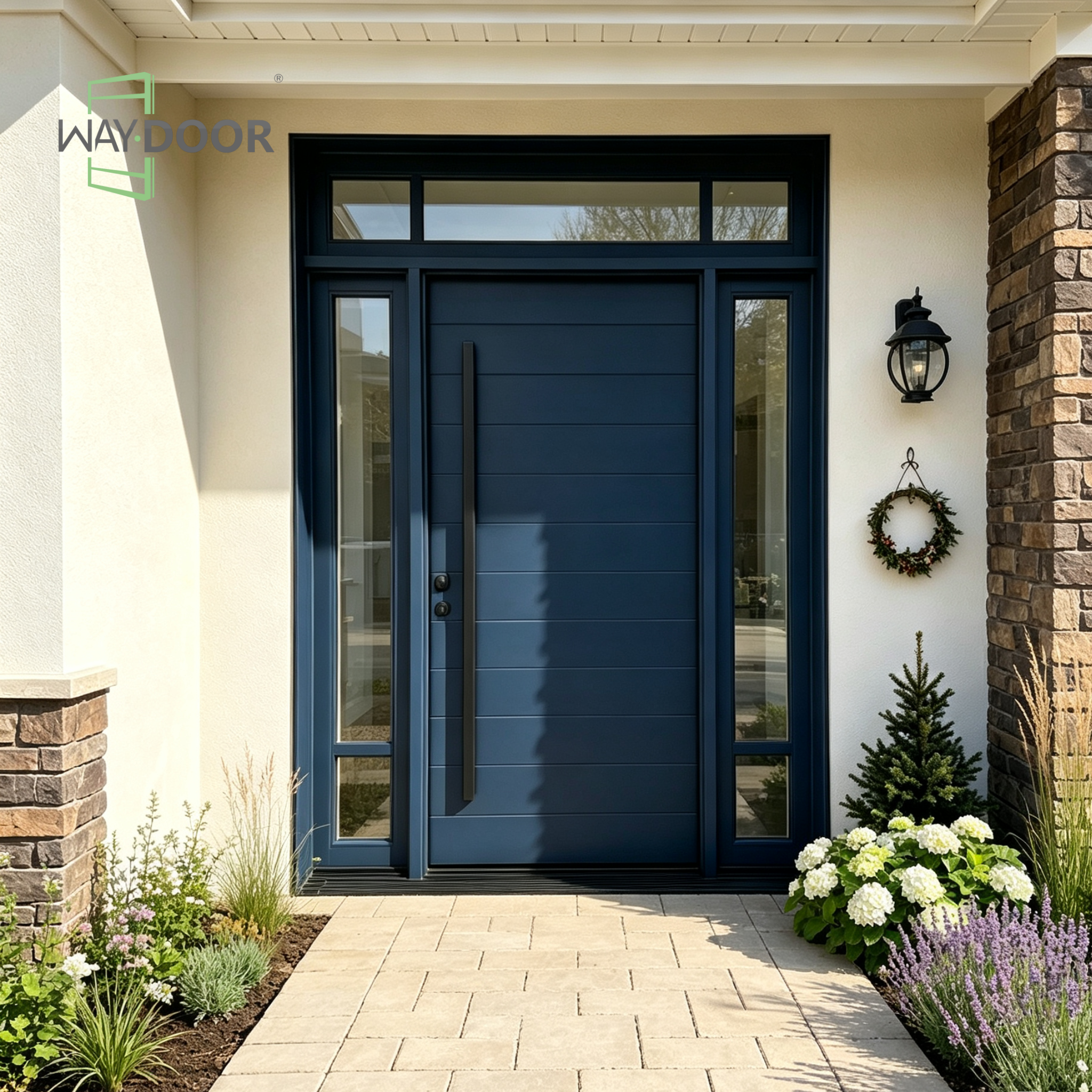Horizon Navy Solid Wood Entry Door with Sidelights & Transom