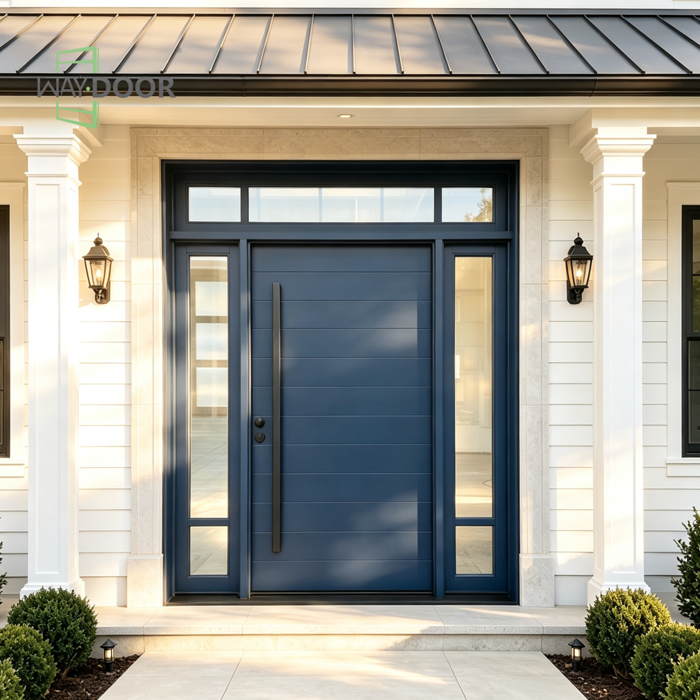 Horizon Navy Solid Wood Entry Door with Sidelights & Transom
