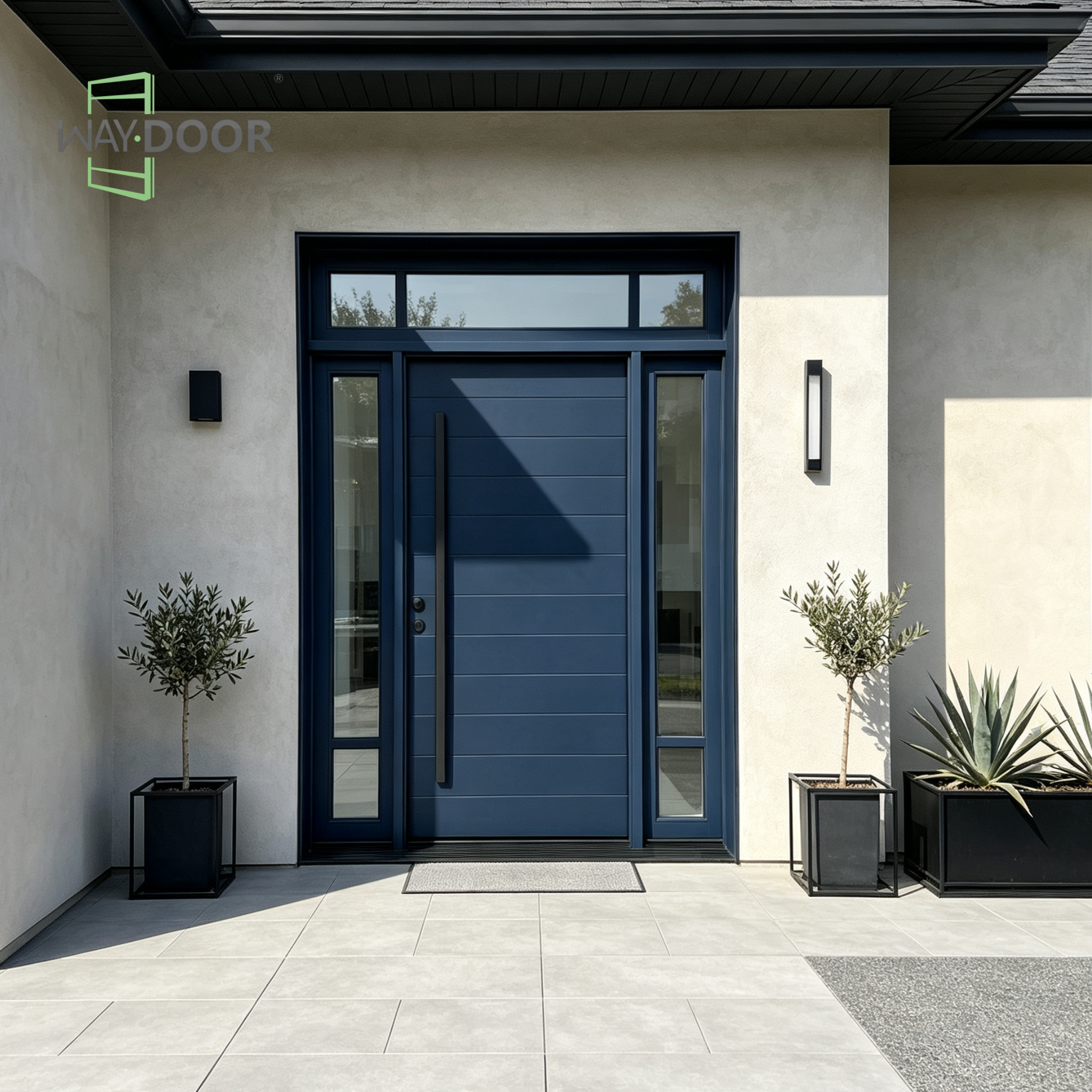 Horizon Navy Solid Wood Entry Door with Sidelights & Transom