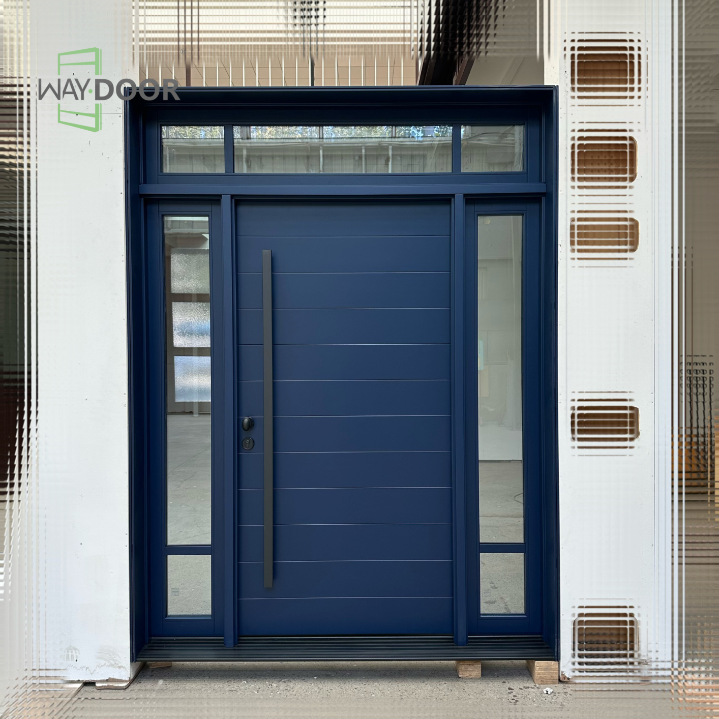 Horizon Navy Solid Wood Entry Door with Sidelights & Transom