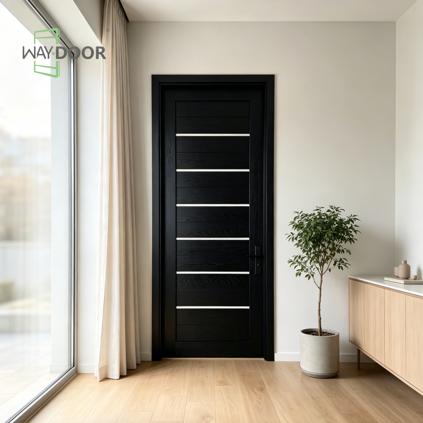 Horizontal Inlay Black Solid Wood Interior Door