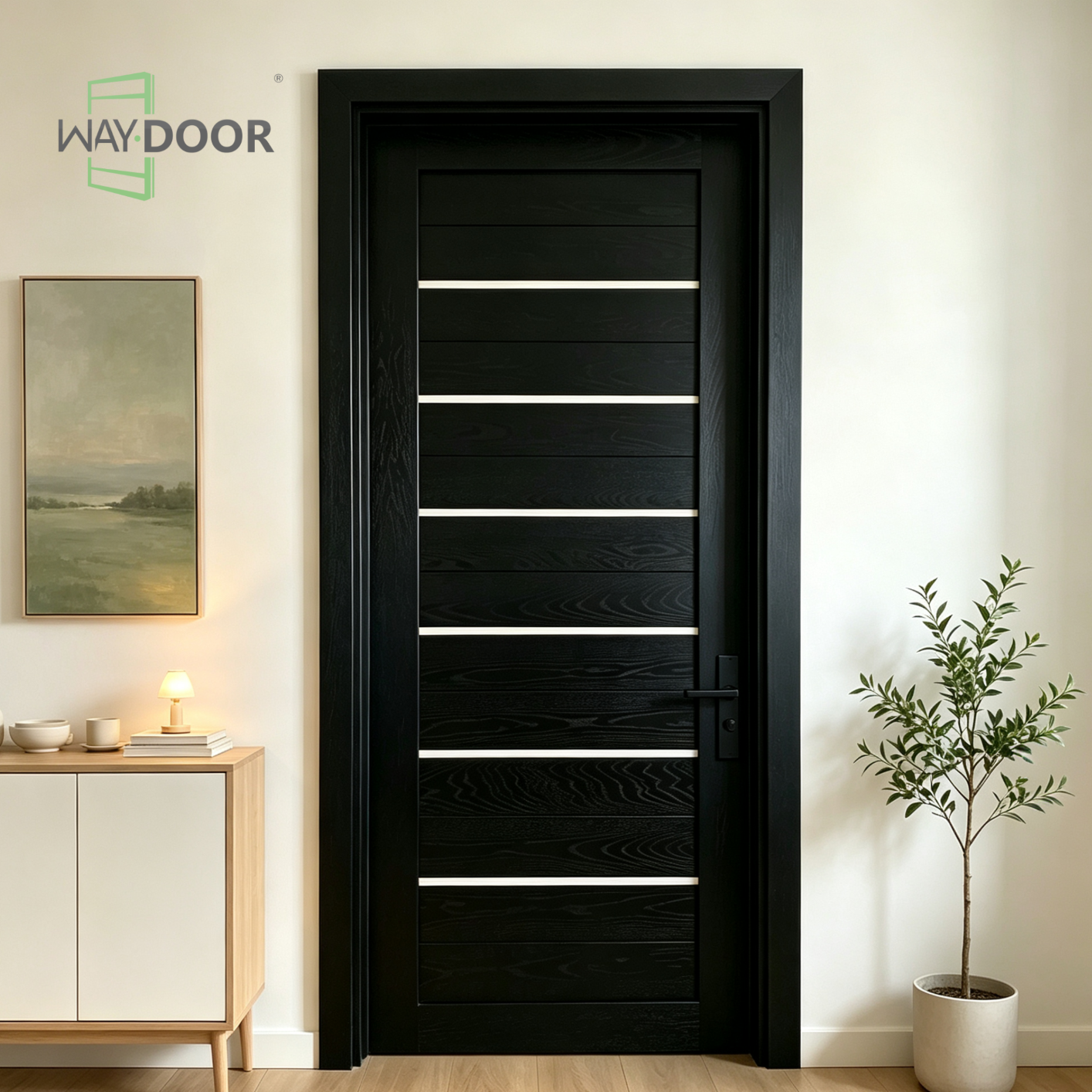 Horizontal Inlay Black Solid Wood Interior Door