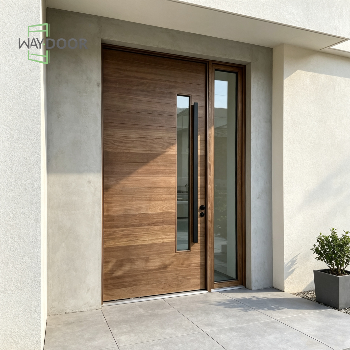 Horizontal Plank Solid Wood Pivot Entry Door with Sidelight
