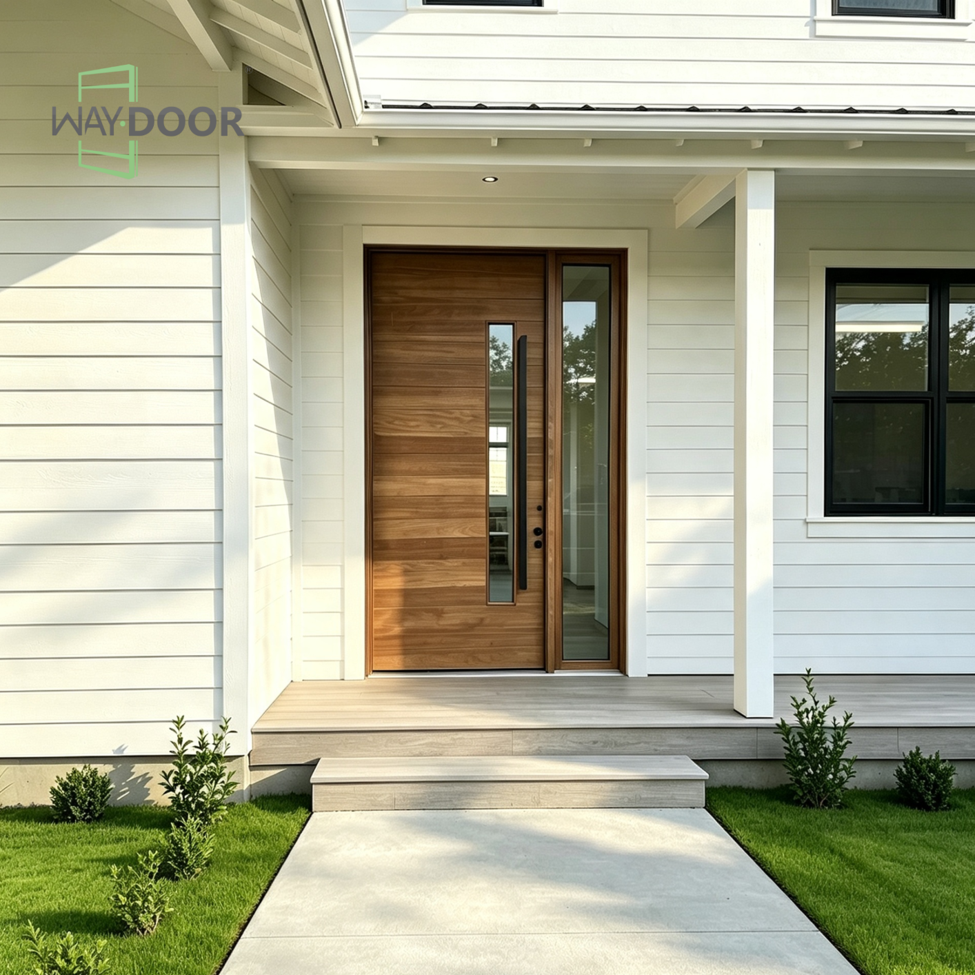 Horizontal Plank Solid Wood Pivot Entry Door with Sidelight