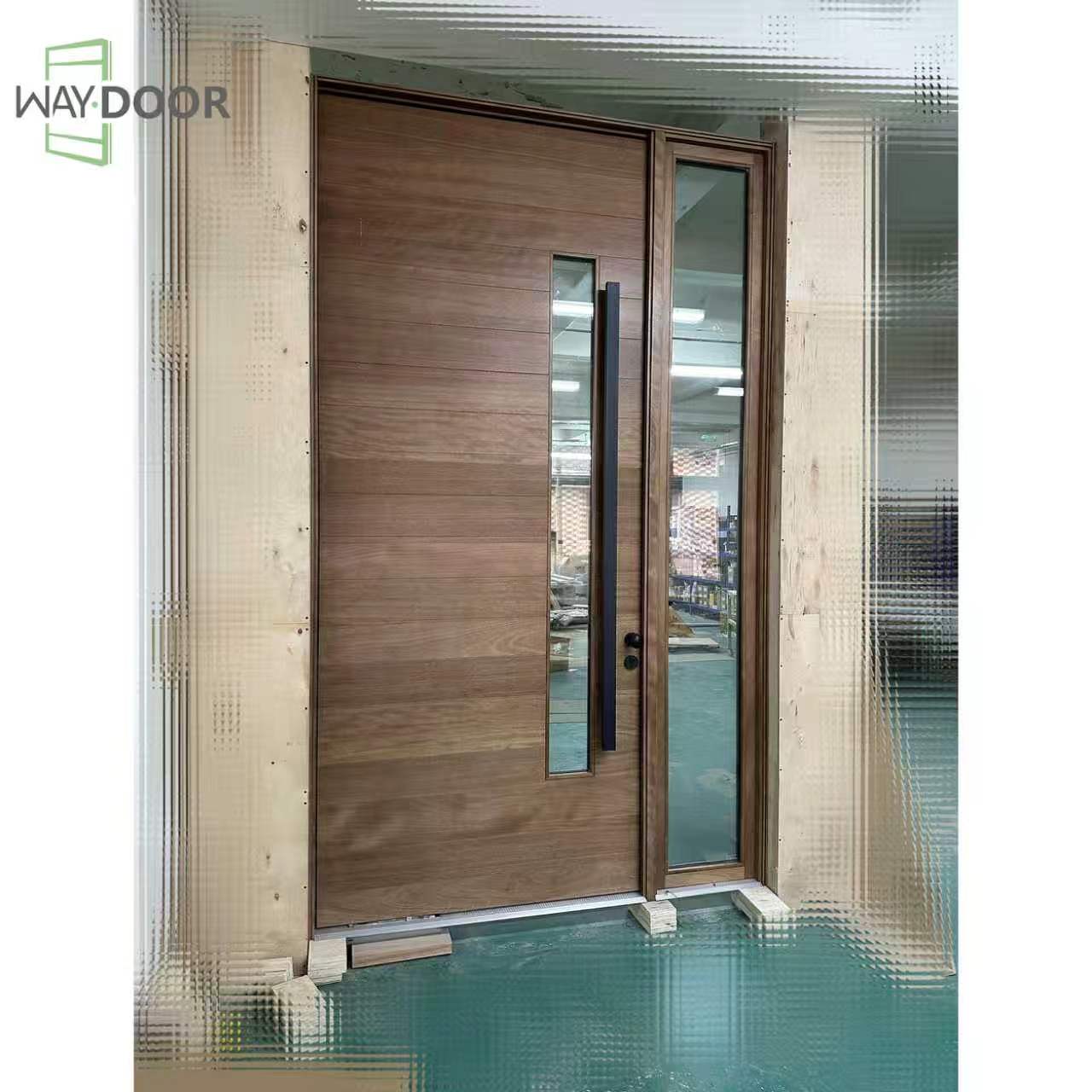 Horizontal Plank Solid Wood Pivot Entry Door with Sidelight