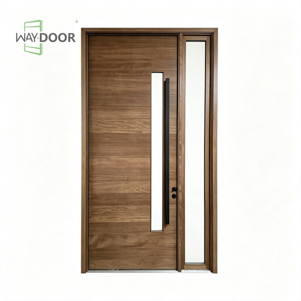 Horizontal Plank Solid Wood Pivot Entry Door with Sidelight