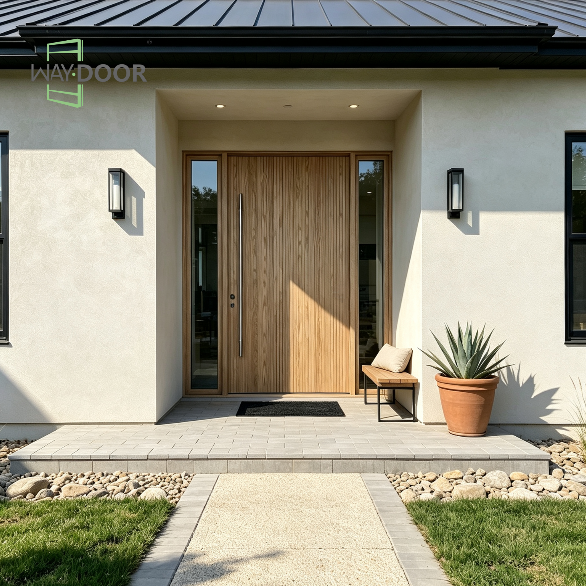 Light Oak Solid Wood Hinged Entry Door with Dual Sidelites