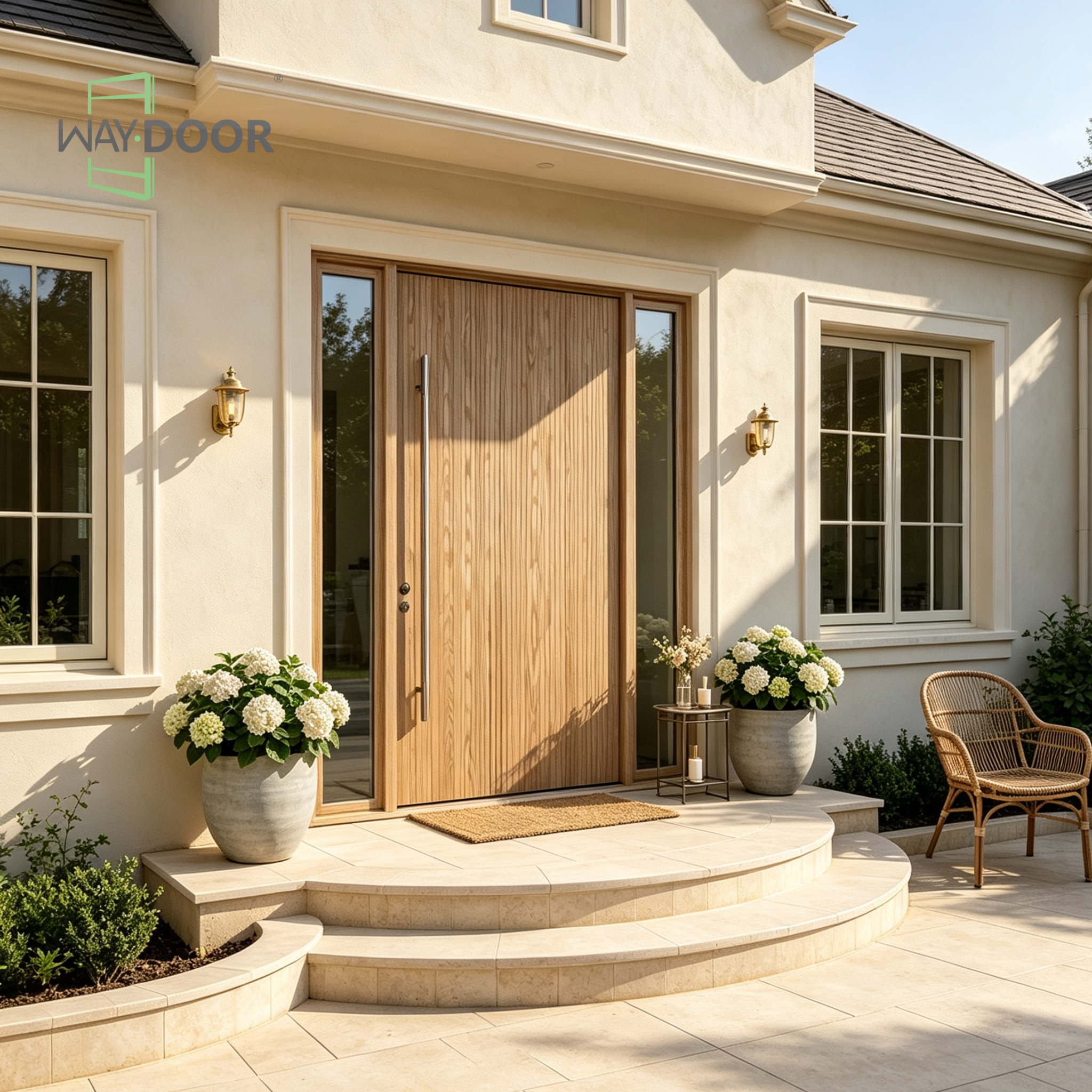 Light Oak Solid Wood Hinged Entry Door with Dual Sidelites