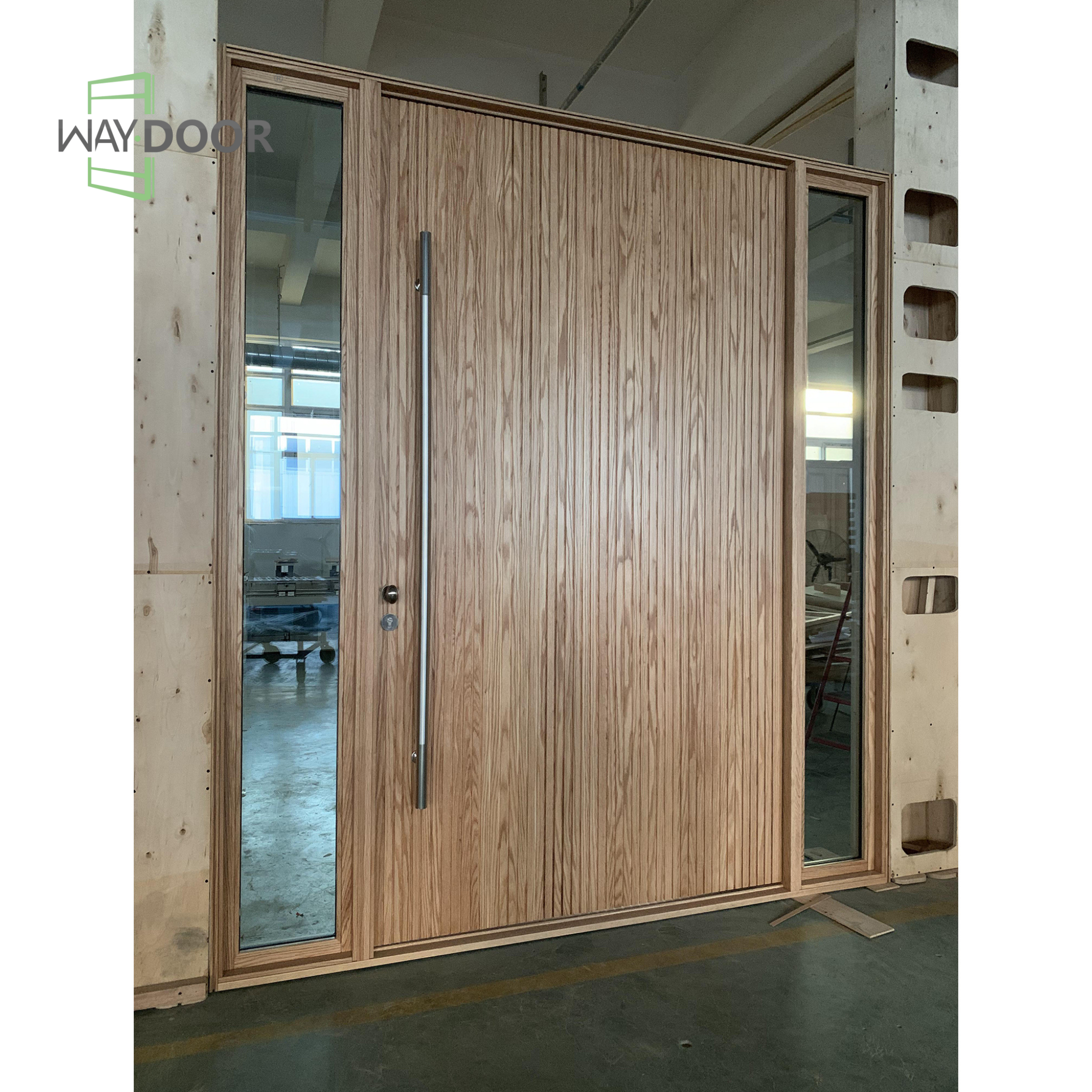 Light Oak Solid Wood Hinged Entry Door with Dual Sidelites